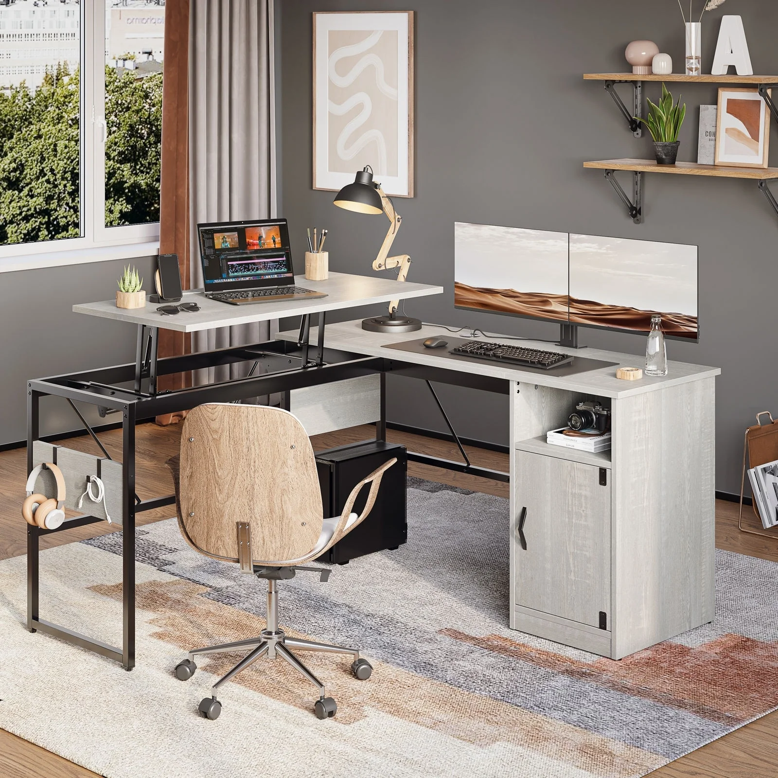 Versatile 60 L Shaped Standing Desk with Lift Top & Storage Cabinet, Corner Desk Extending to 95’’ with Hooks