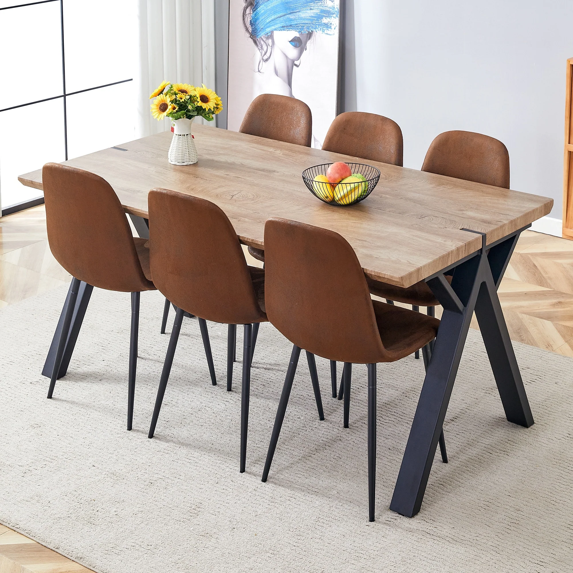 Modern Style Dining Set with Rectangular Black A-Frame Table and Round Corner Backrest Dining Chairs