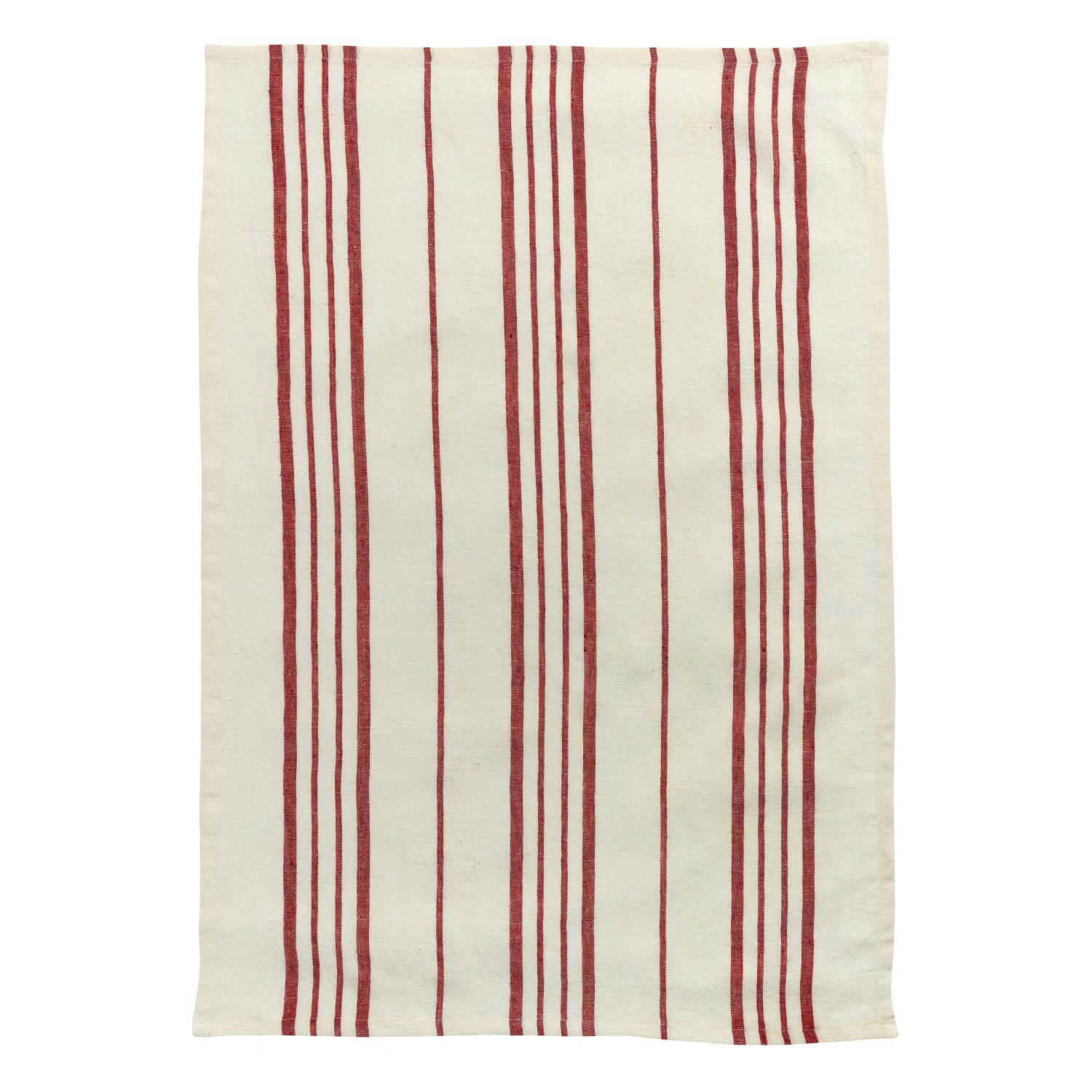 KARMA - Torchon rayé  en lin ecru/rouge 55 x 75