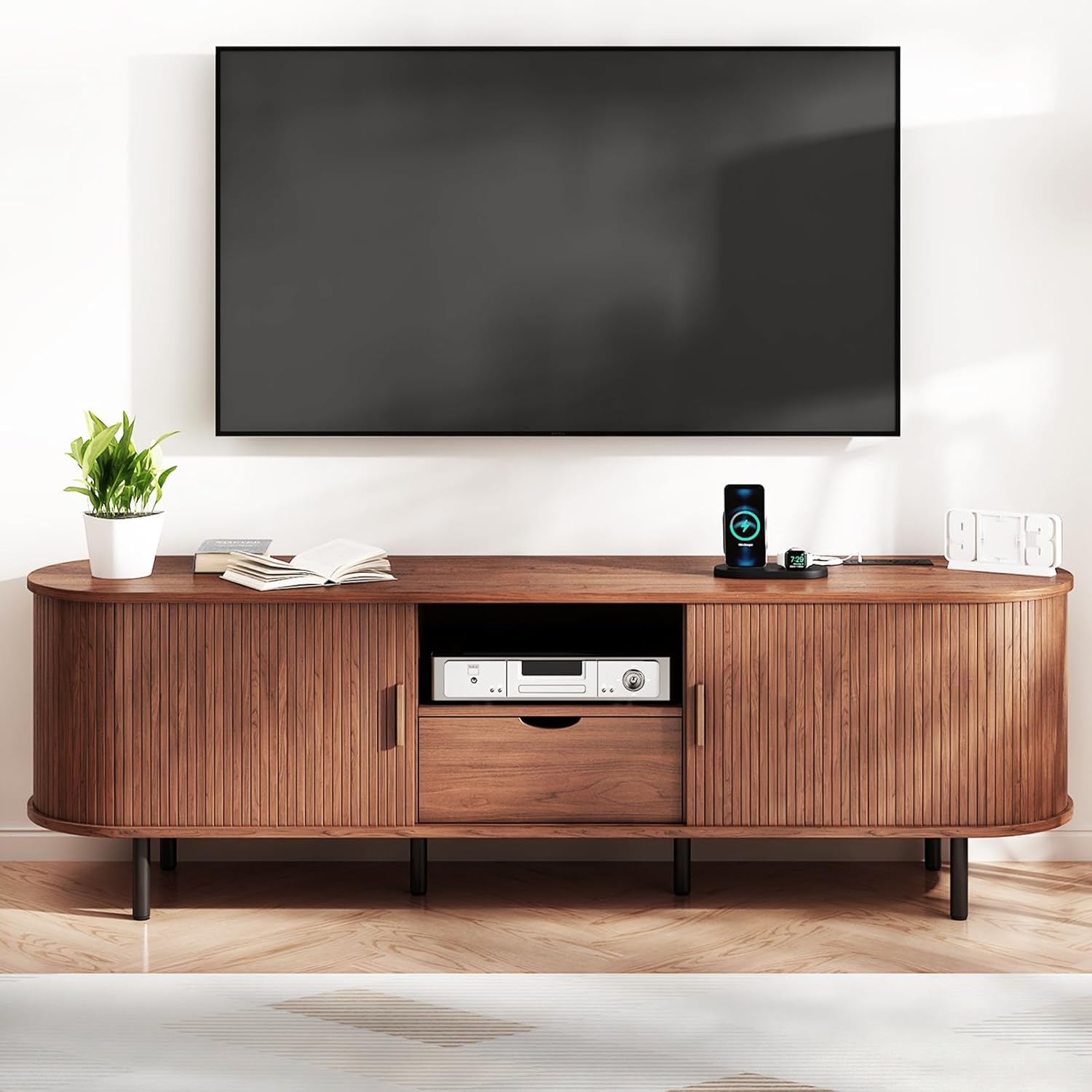 69 Mid-Century TV Stand with Power Outlet, Fluted Entertainment Center with Storage Drawer, TV Console with Sliding Door and Adjustable Shelves, TV Stand up to 80 for Living Room, Bedroom, Walnut