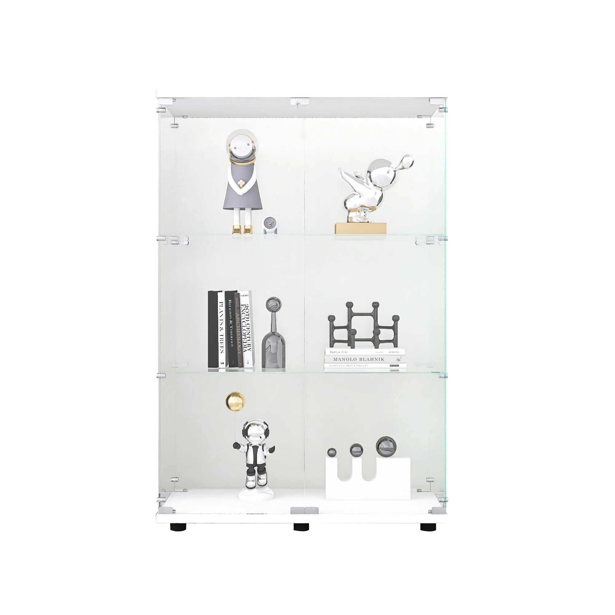 Two-door Glass Display Cabinet 3 Shelves with Door, Floor Standing Curio Bookshelf