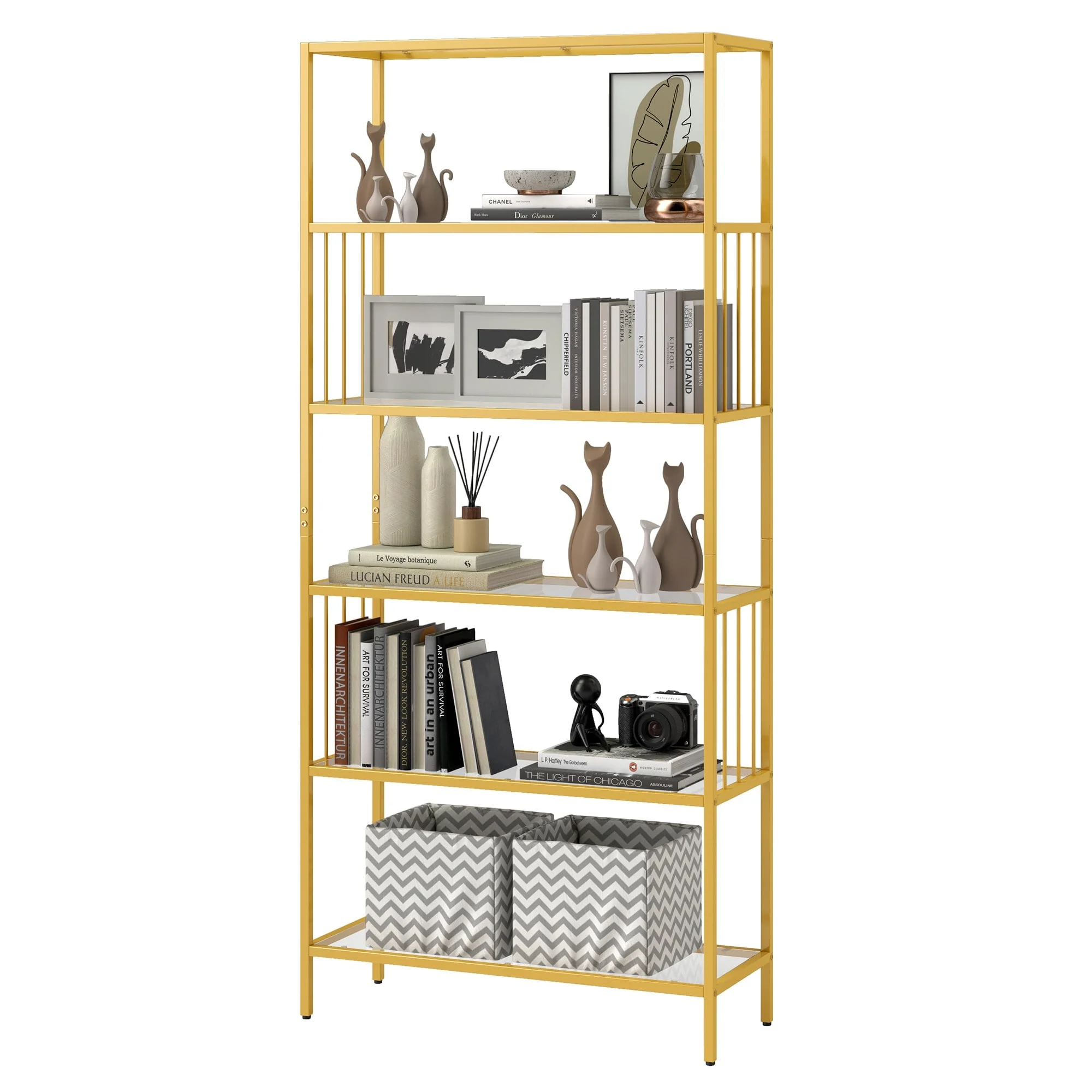Moasis 6 Tier Bookshelf Tempered Glass Shelves Bookcase with Gold Steel Frame
