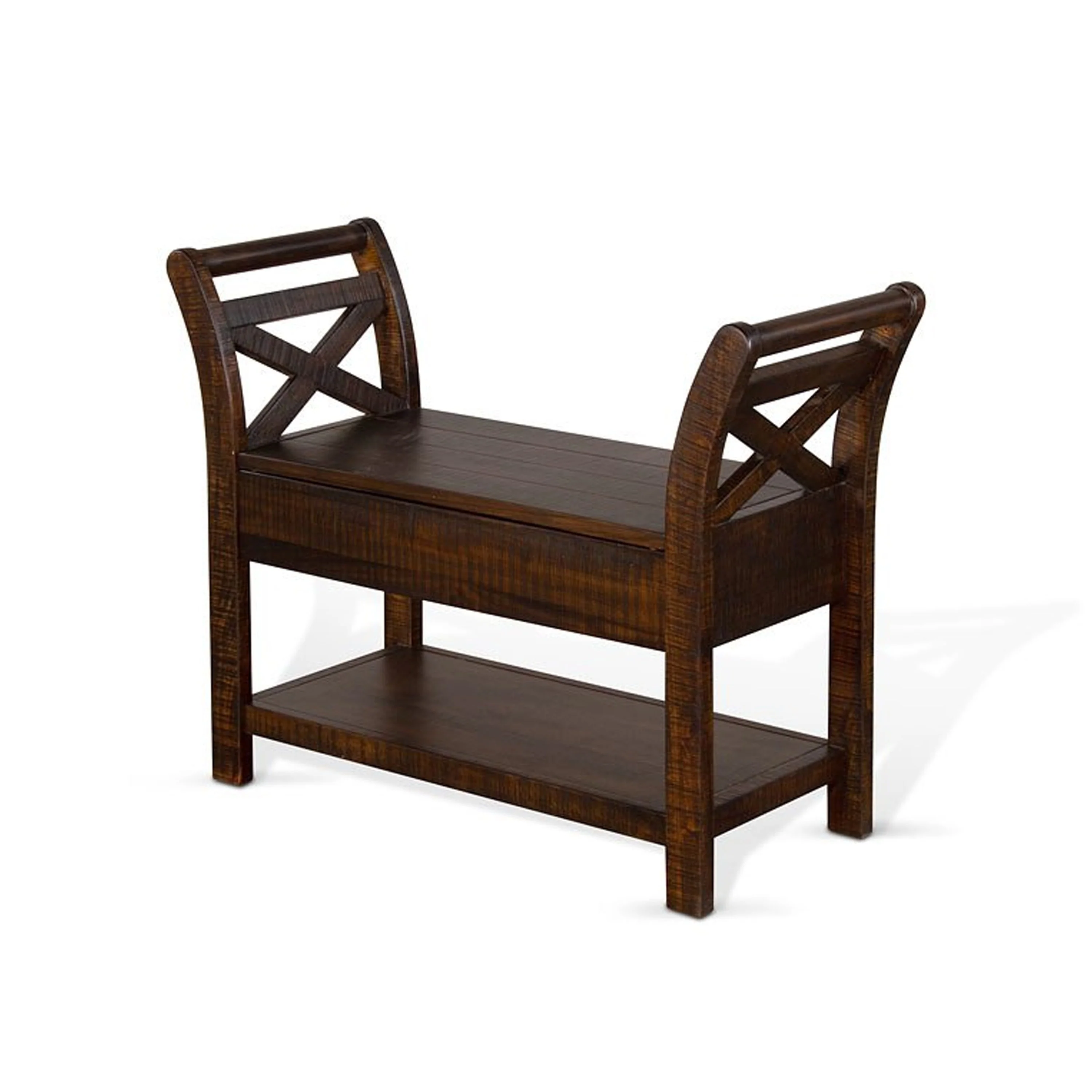 Flint 36 Inch Accent Bench with X-Panel, Storage, Dark Brown Mahogany