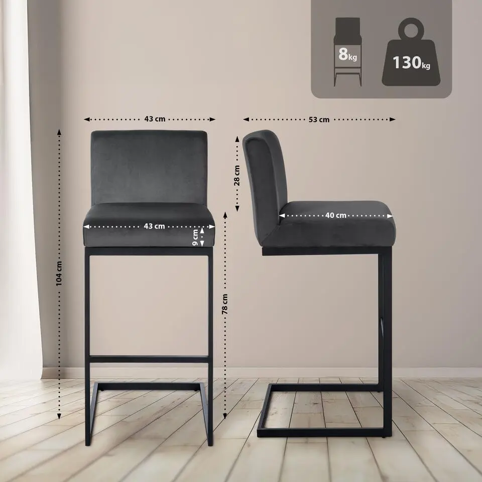 CLP Barkruk Hopewell zwart Frame - Fluweel - donkergrijs