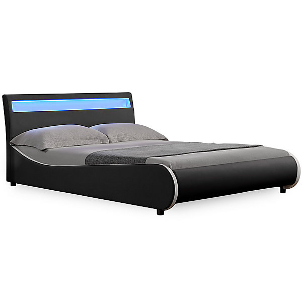 Cadre de lit double Valencia à LED 140x200cm cuir synthétique avec sommier à lattes noir Corium