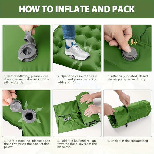 NNEOBA 4-Inch Thick Inflatable Camping Sleeping Mat Built-in Pillow And Pump Green