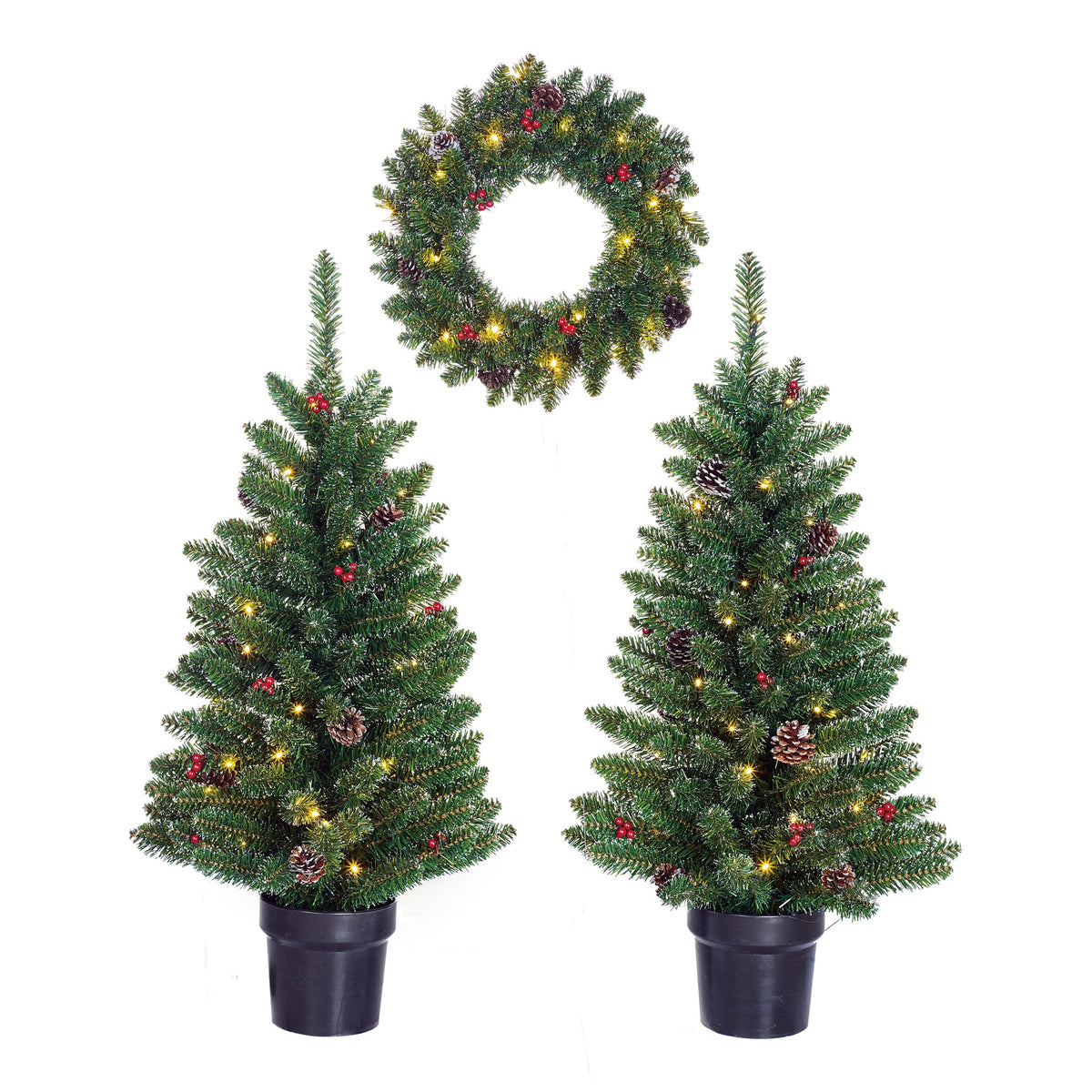 Black Box Trees Creston Kerstboom en Kerstkrans Set - 2 Kunstkerstbomen en 1 Krans met LED Verlichting - Groen