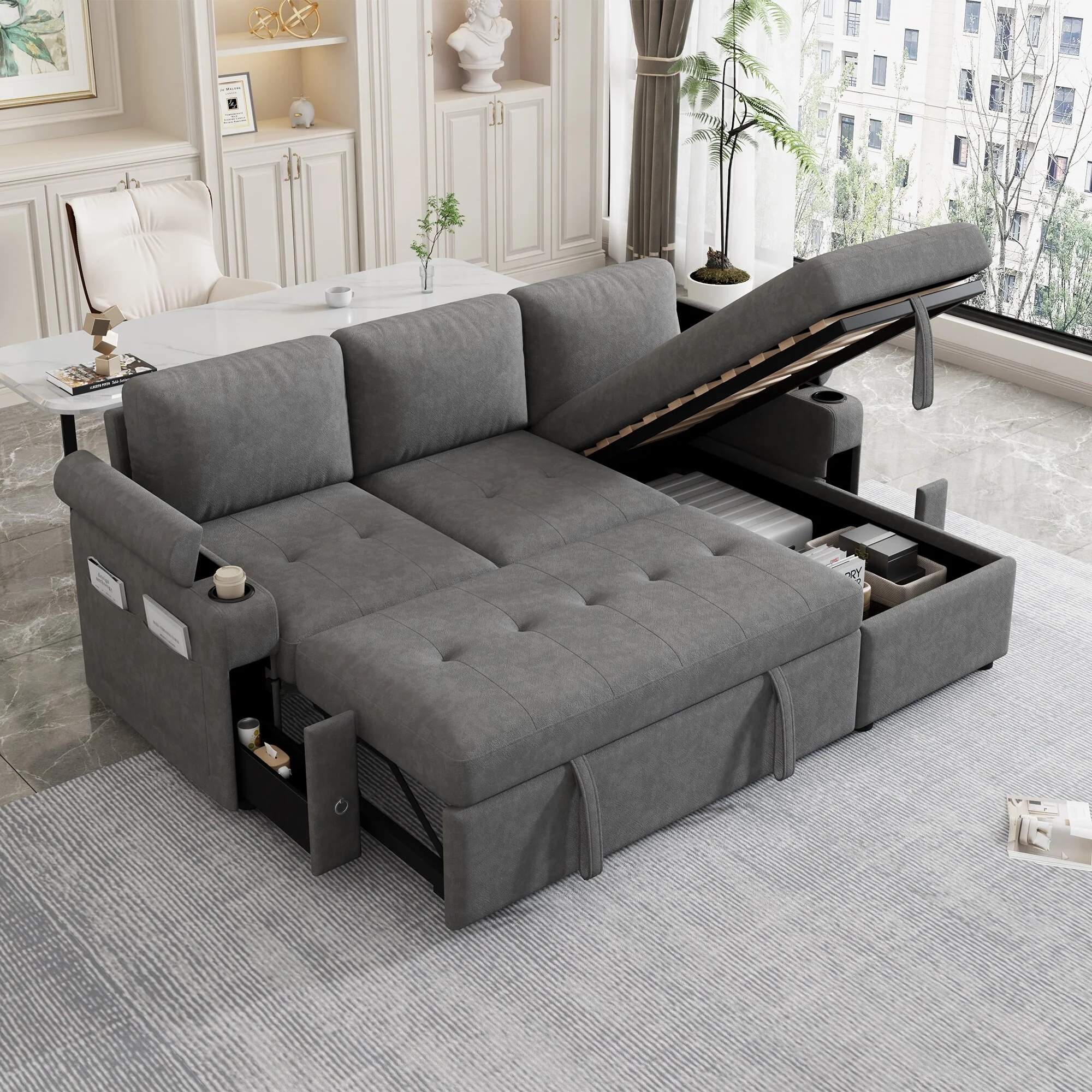 83.5 Chenille L-Shaped Sectional Sofa with Convertible Bed & Storage