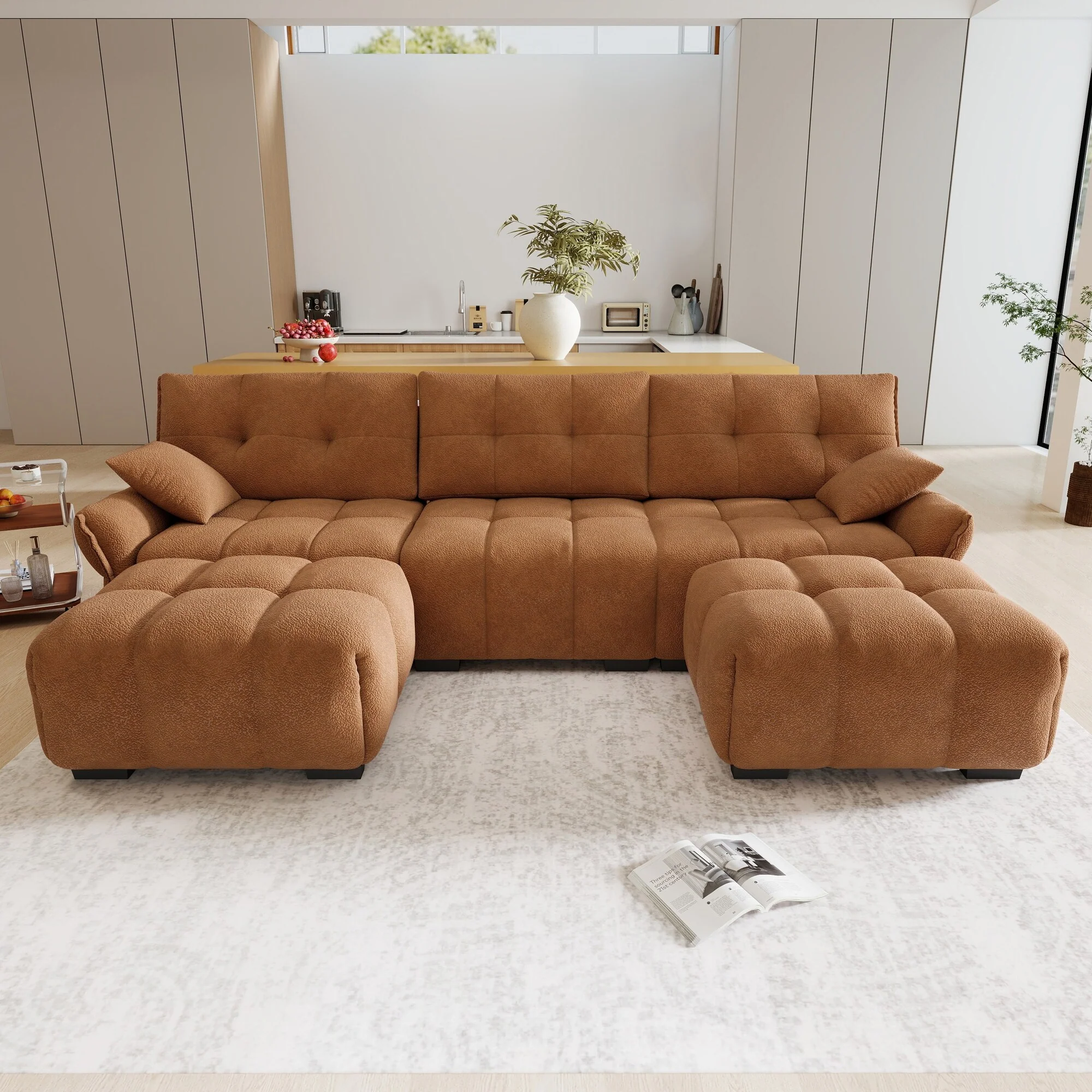 110.2 Chenille U-Shaped Sofa 5 Seater Upholstered Couch with 2 Ottomans for Living Room