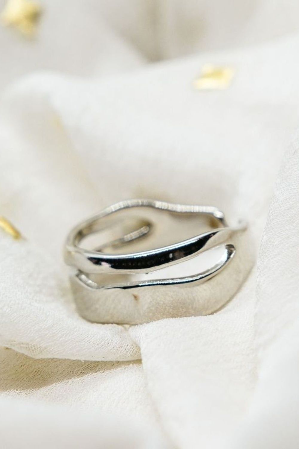The Colourful Aura Adjustable Thick Hammered Silver Irregular Cuff Band Wave Ring