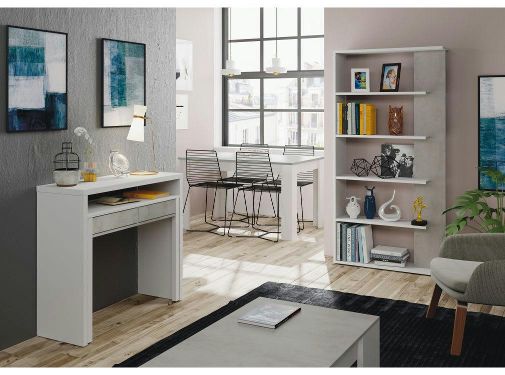 DAPHNE - Bibliothèque blanc/béton 4 tablettes L90 x H180cm