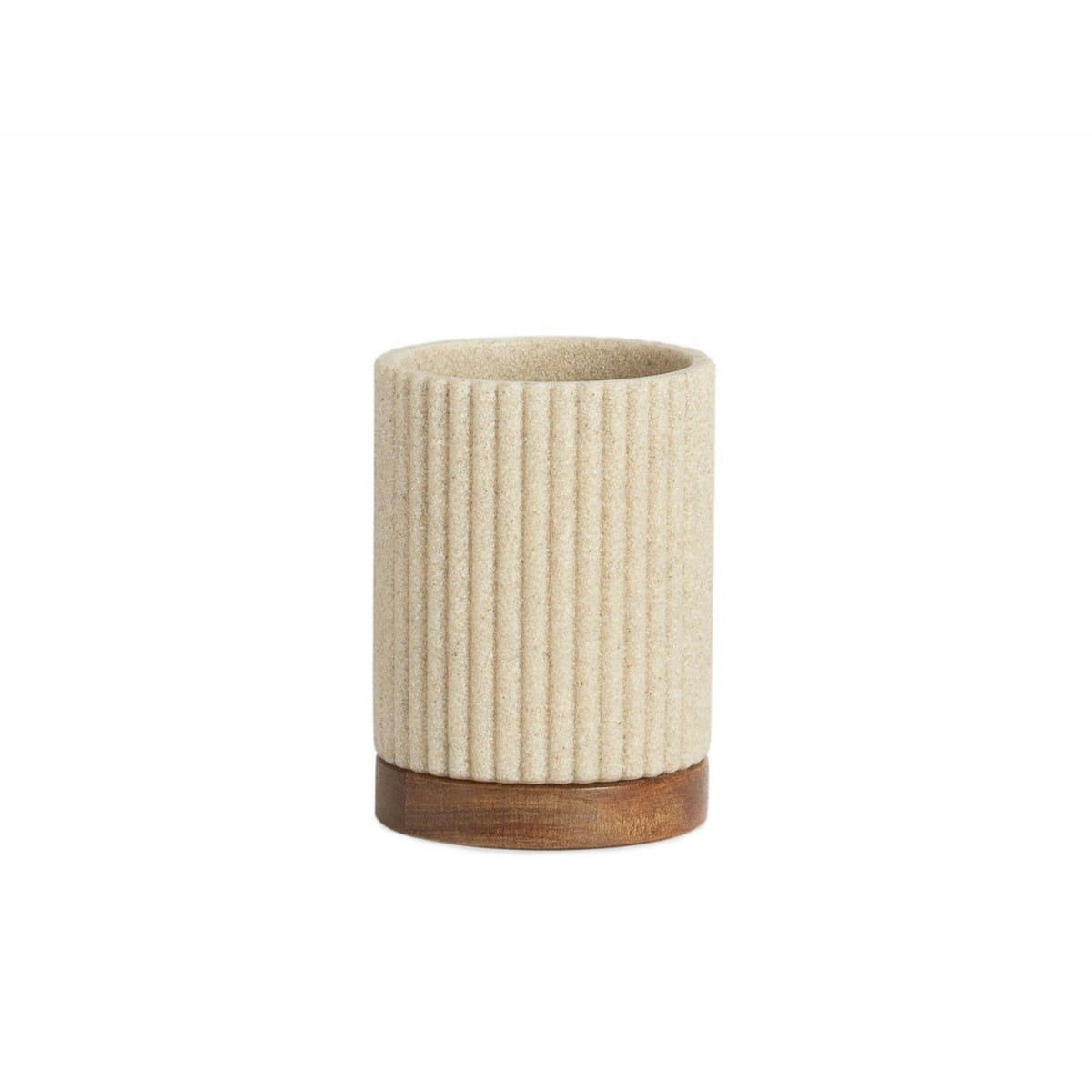 - Porte brosse à dents polyrésine beige et acacia 8x8x11cm