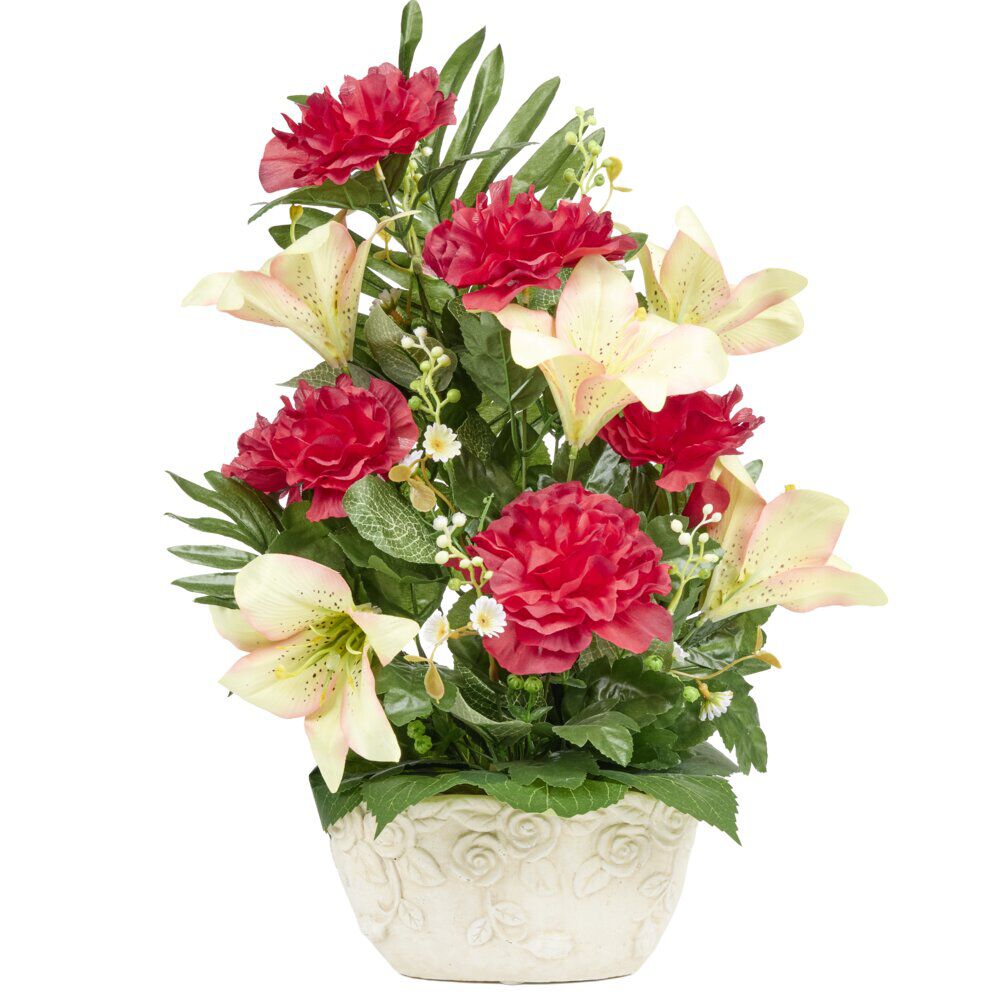 Composition florale jardinière pivoine lys et mini fleurs avec ciment 42xH52cm (3 modèles)