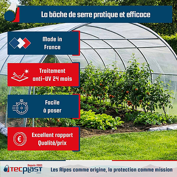Bâche Serre 6x8 m - TECPLAST 200SE - Film plastique transparent pour serre de jardin - Haute Performance - Made in France