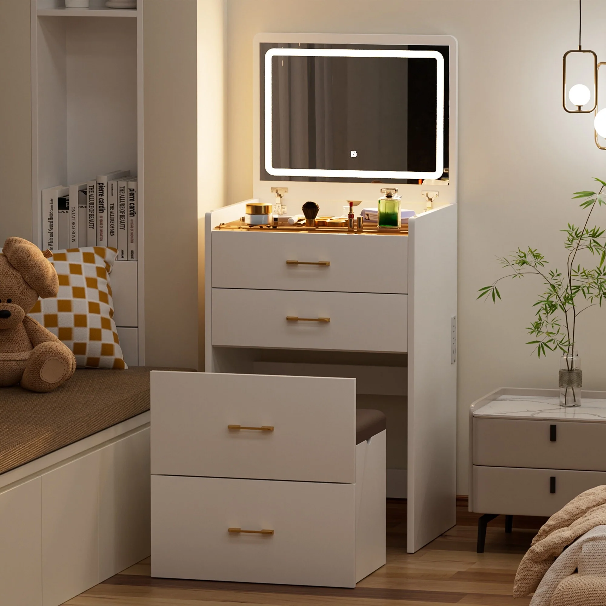 Makeup Vanity Table with Flip Top Lighted, 3-in-1 Vanity Desk with Visible Glass, LED Light & Power Outlet, 3 Drawers & Stool