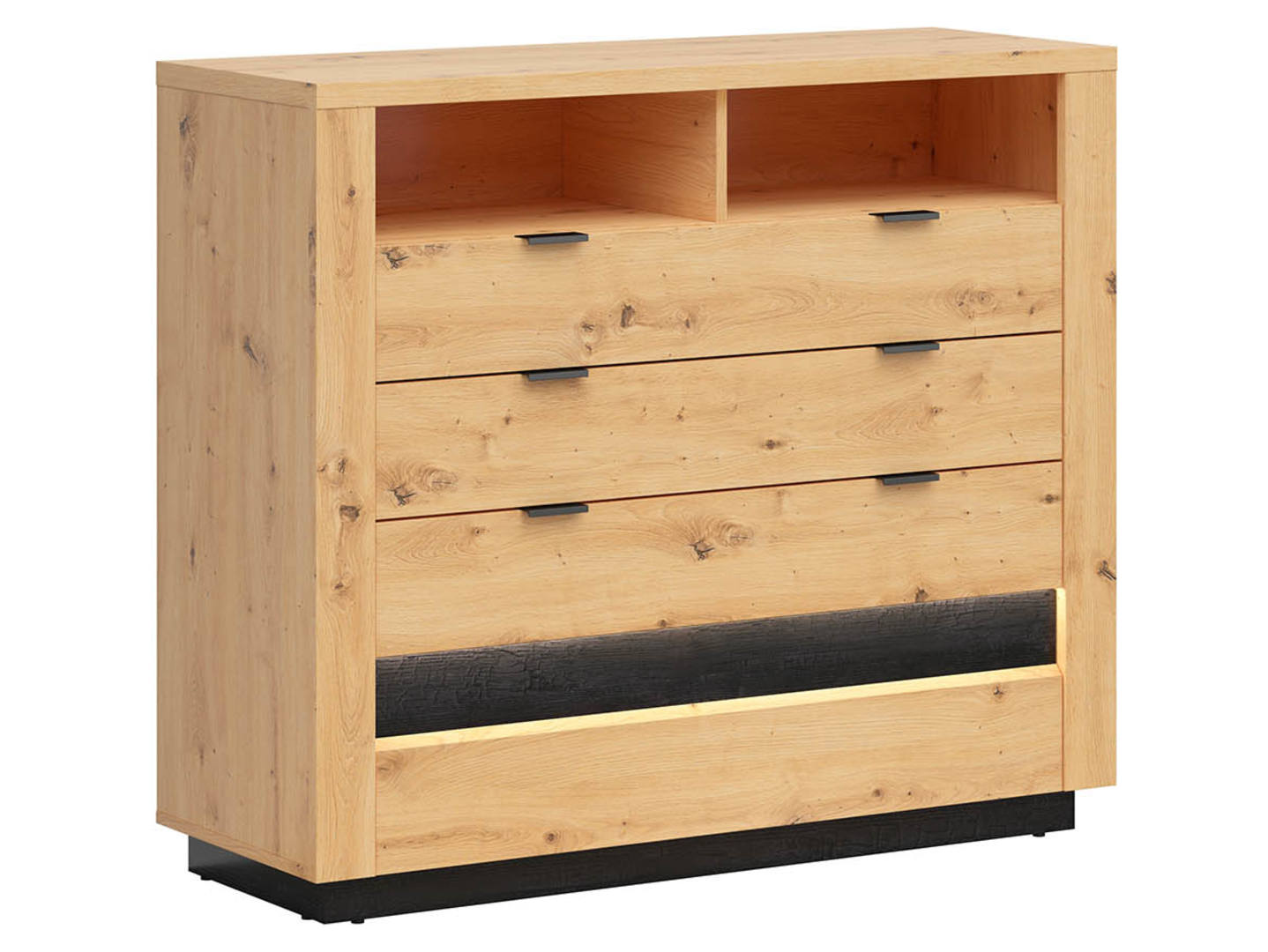Komoda Ostia 117 cm z 4 szufladami i 2 półkami dąb artisan/dąb czarny