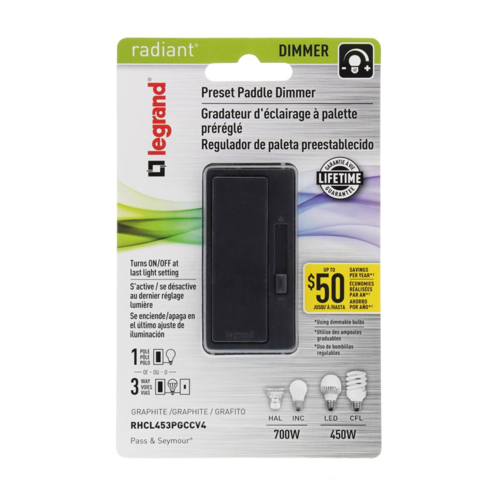 Legrand RHCL453PNI Radiant Preset LED & CFL Paddle Dimmer, 700 W Incandescent/Halogen, 450 W LED/CFL, Graphite