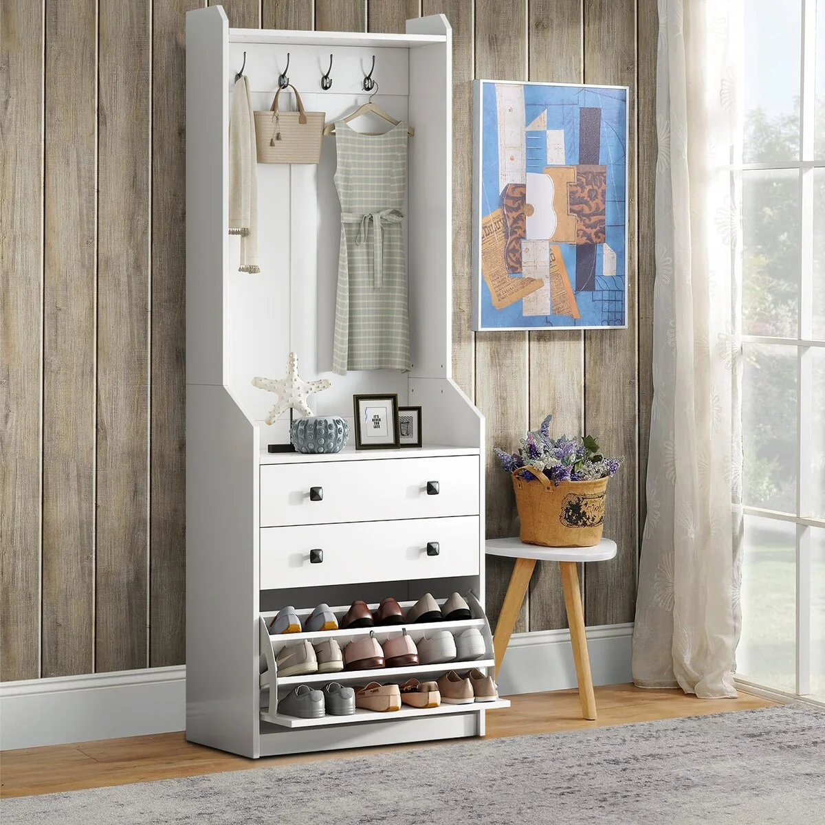 Wooden Hall Tree with 4 Hooks, 2 Standard Drawers and a Shoe Storage Flip Drawer