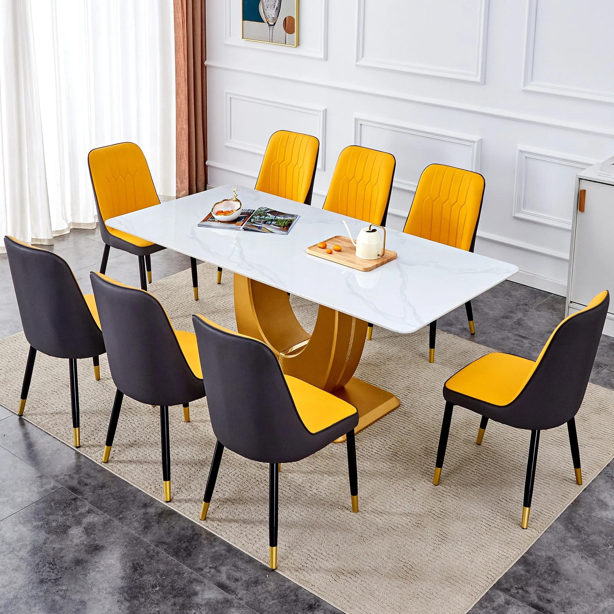 Modern Style Dining Set with Rectangular Gold U-Shaped Table and PU Upholstered Dining Chairs
