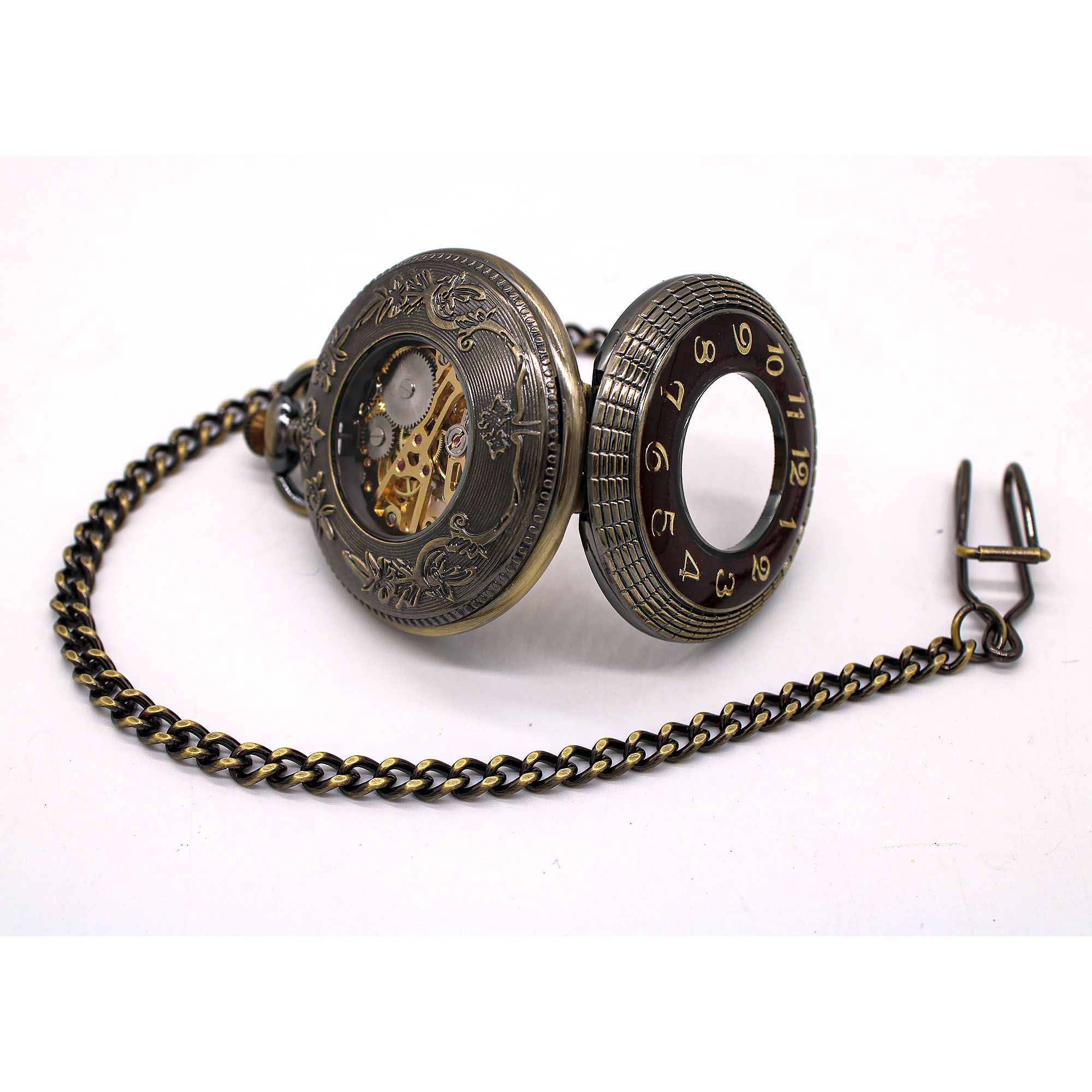 Infinity Leather Antique Wooden Half-Hunter Skeleton Alloy Pocket Watch