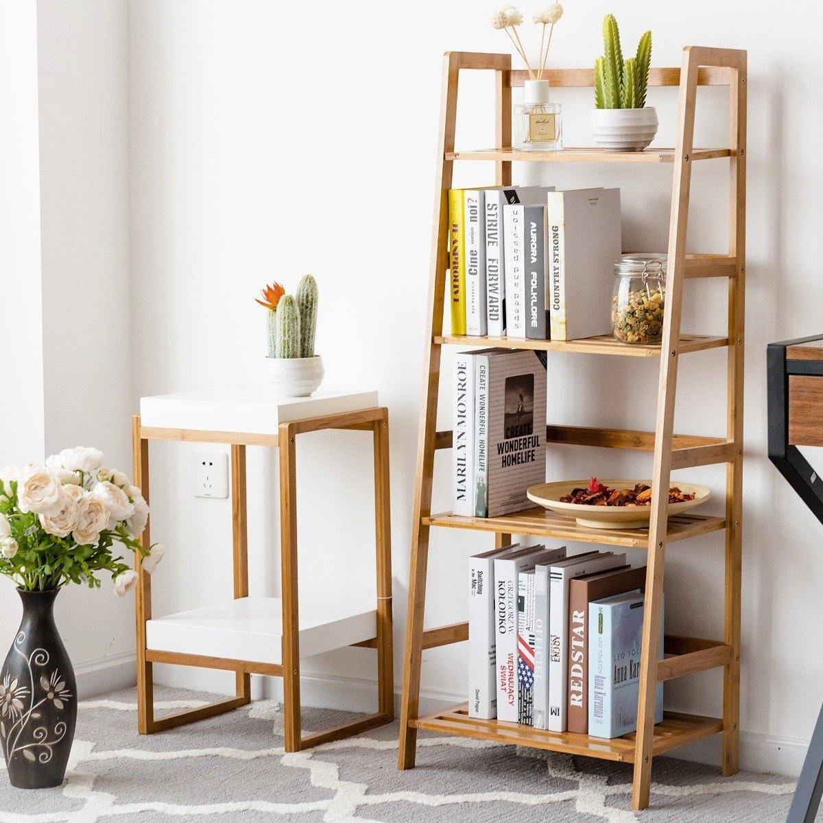 4 Tier Ladder Shelf Bamboo Plant Stand Flower Pots Rack Display Holder