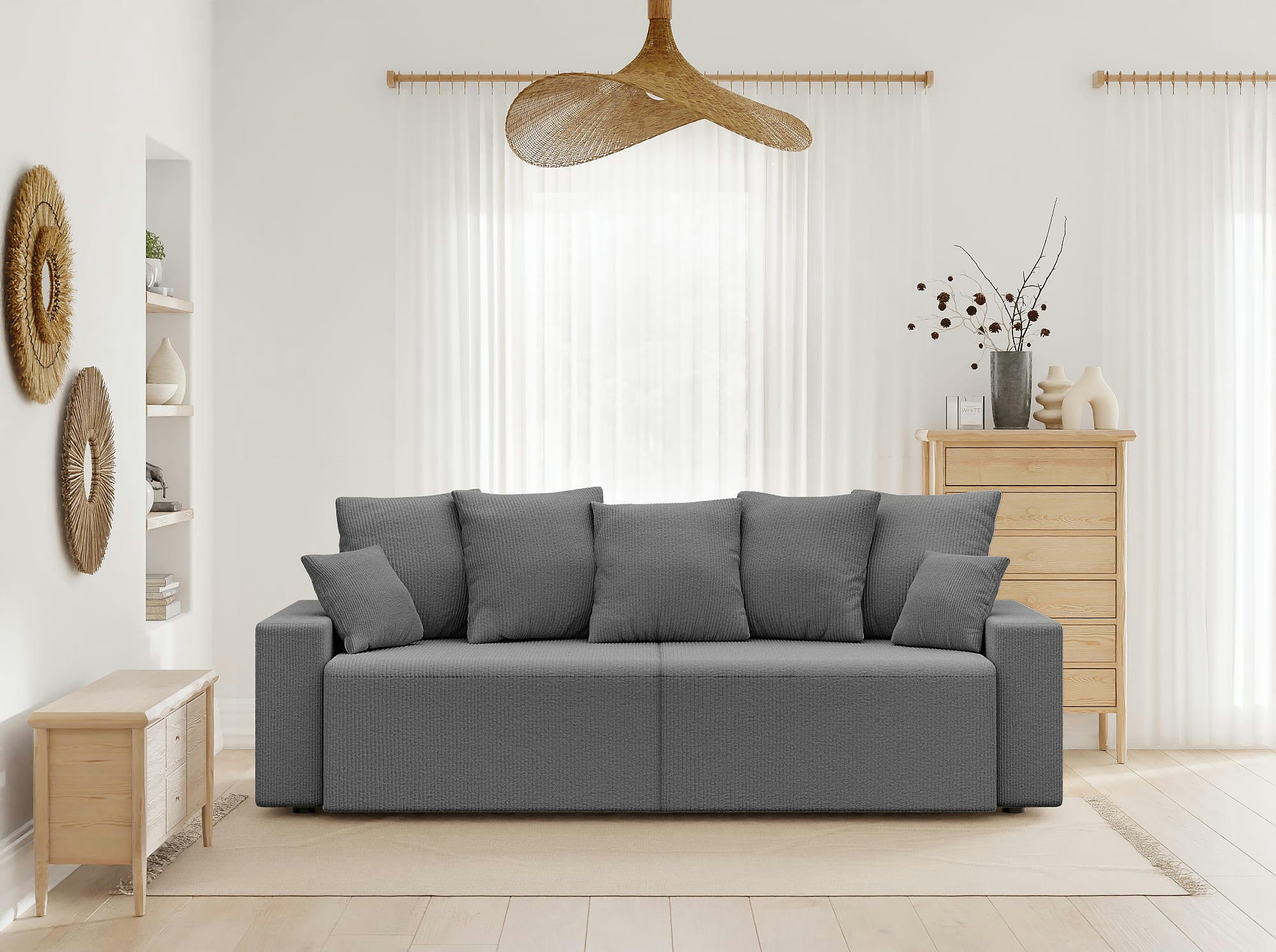 ALMA - Canapé droit convertible en velours côtelé 3 places gris souris