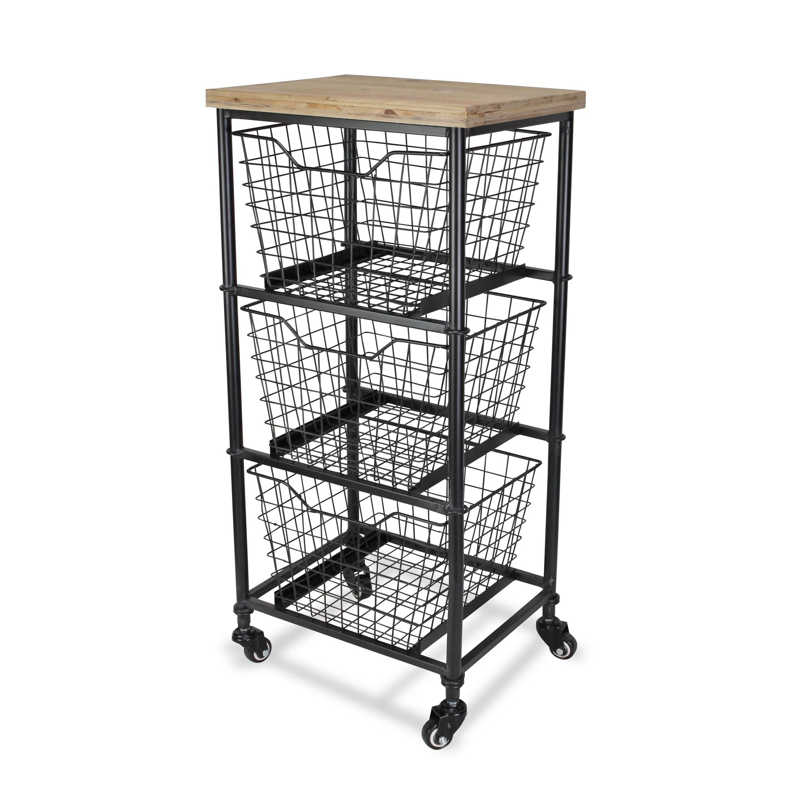 HomeRoots 32 Black And Natural Metal And Wood Basket Storage Rolling Cabinet