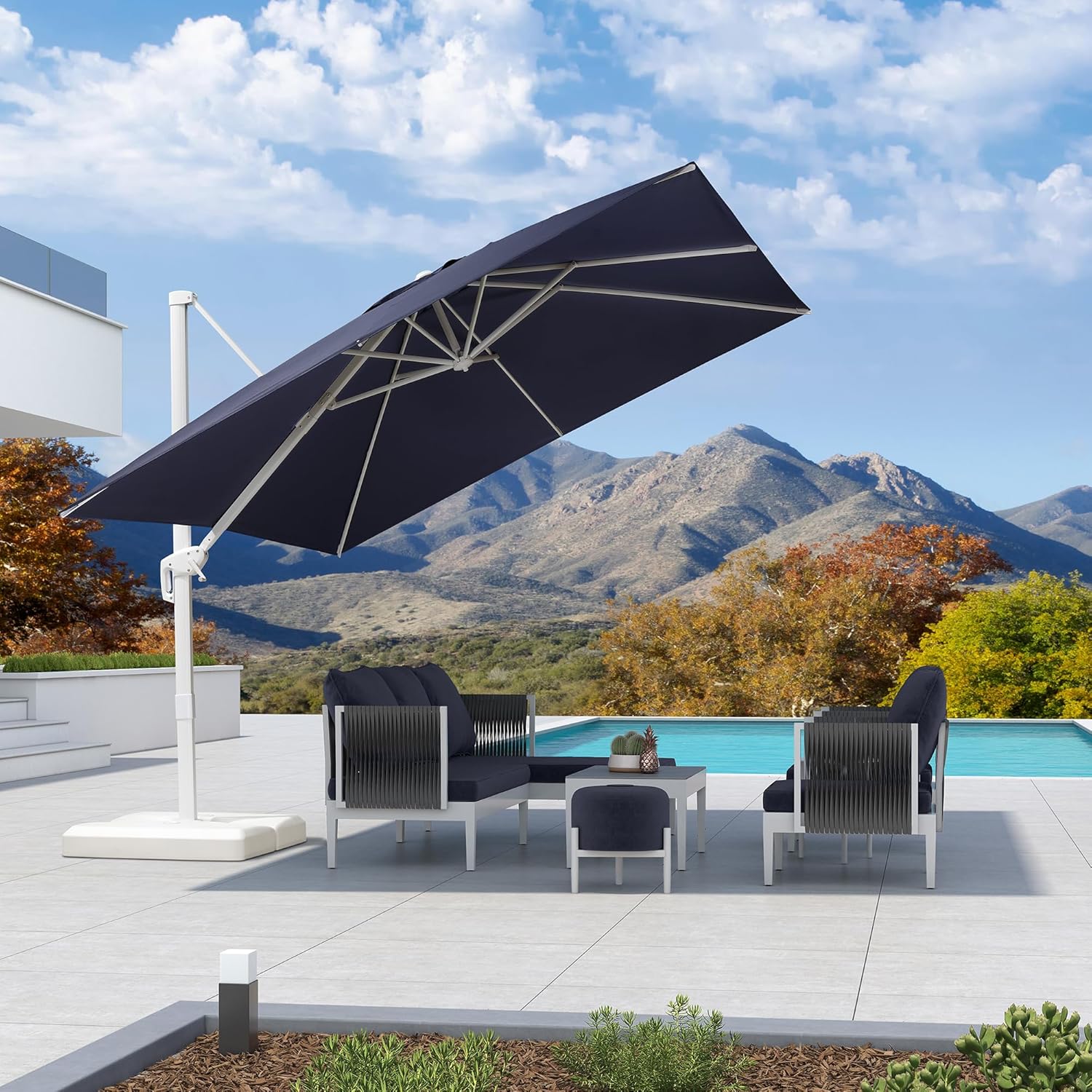 PURPLE LEAF 10 FT Patio Umbrella White Cantilever Umbrella Aluminum Square Outdoor Offset Umbrella Hanging Windproof with 360° Rotation for Garden Deck Pool, Navy Blue