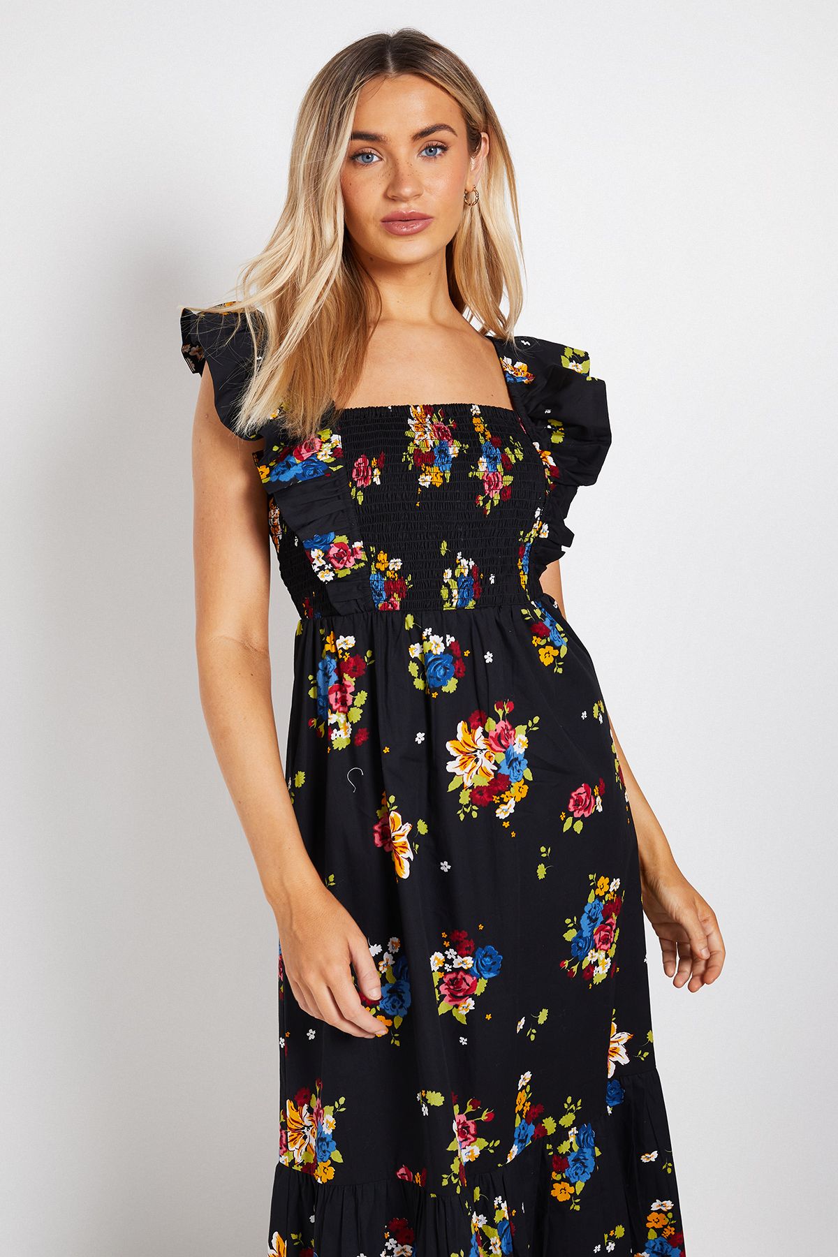Dorothy Perkins Black Floral Shirred Bodice Frill Sleeve Tiered Hem Printed Poplin Maxi Dress