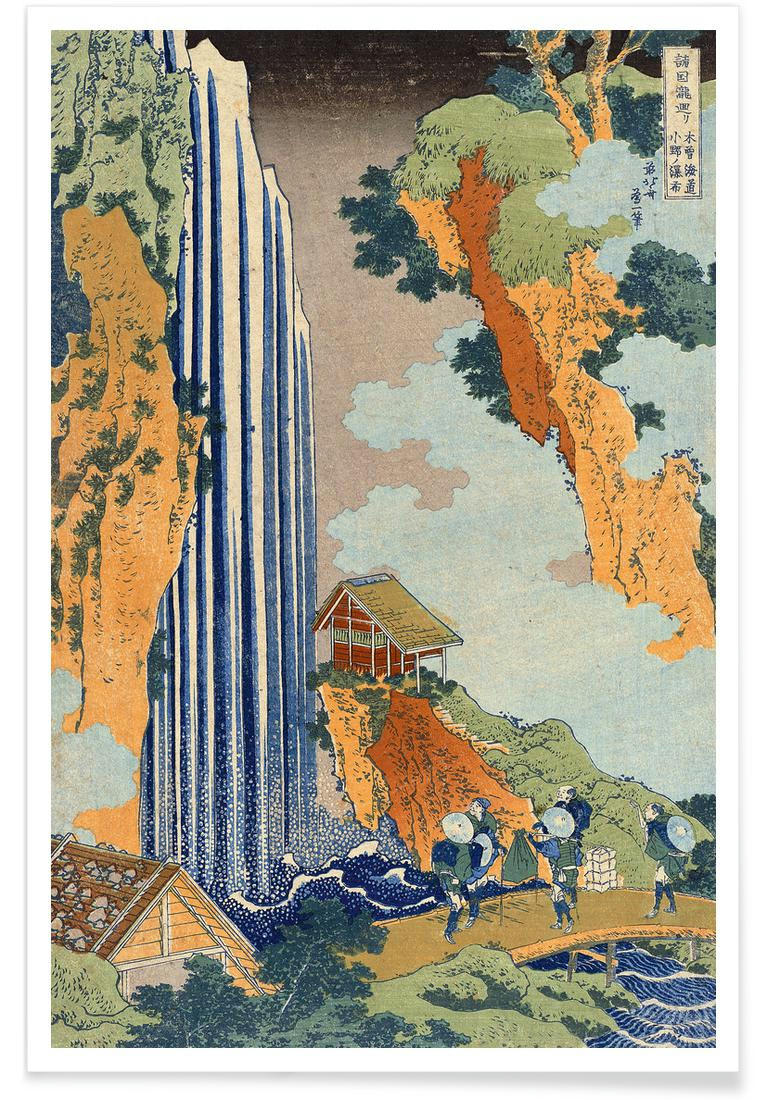 HOKUSAI - ONO WATERFALL, THE KISO HIGHWAY - Affiche blanc ivoire & bleu