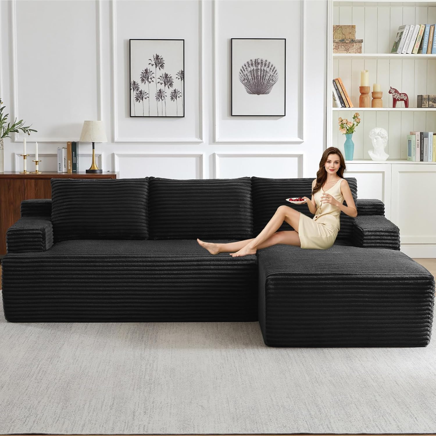 96 Modular Sectional Sofa Couches L-Shape Couch 3 Seat Modular Sofa Corduroy Memory Foam Sectional Boneless Couches for Living Room, Cloud Couch with Oversized Chaise(Black, Right Facing)