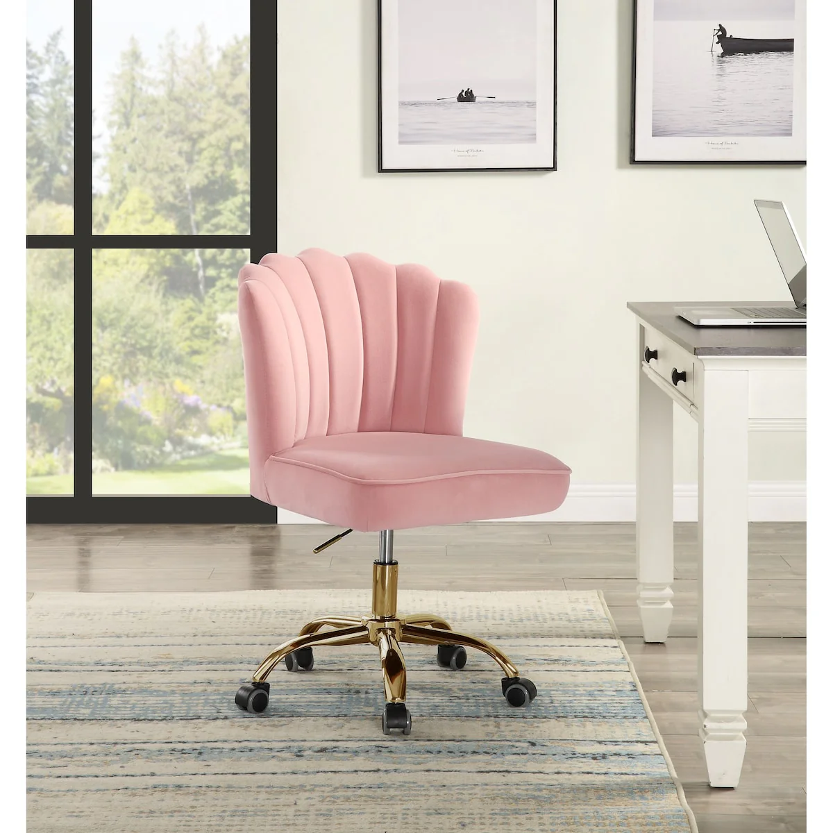 Modern Luxury Style Seashell Pattern Design Swivel & Adjustable Velvet Office Chair with Polished Goldtone Metal Legs