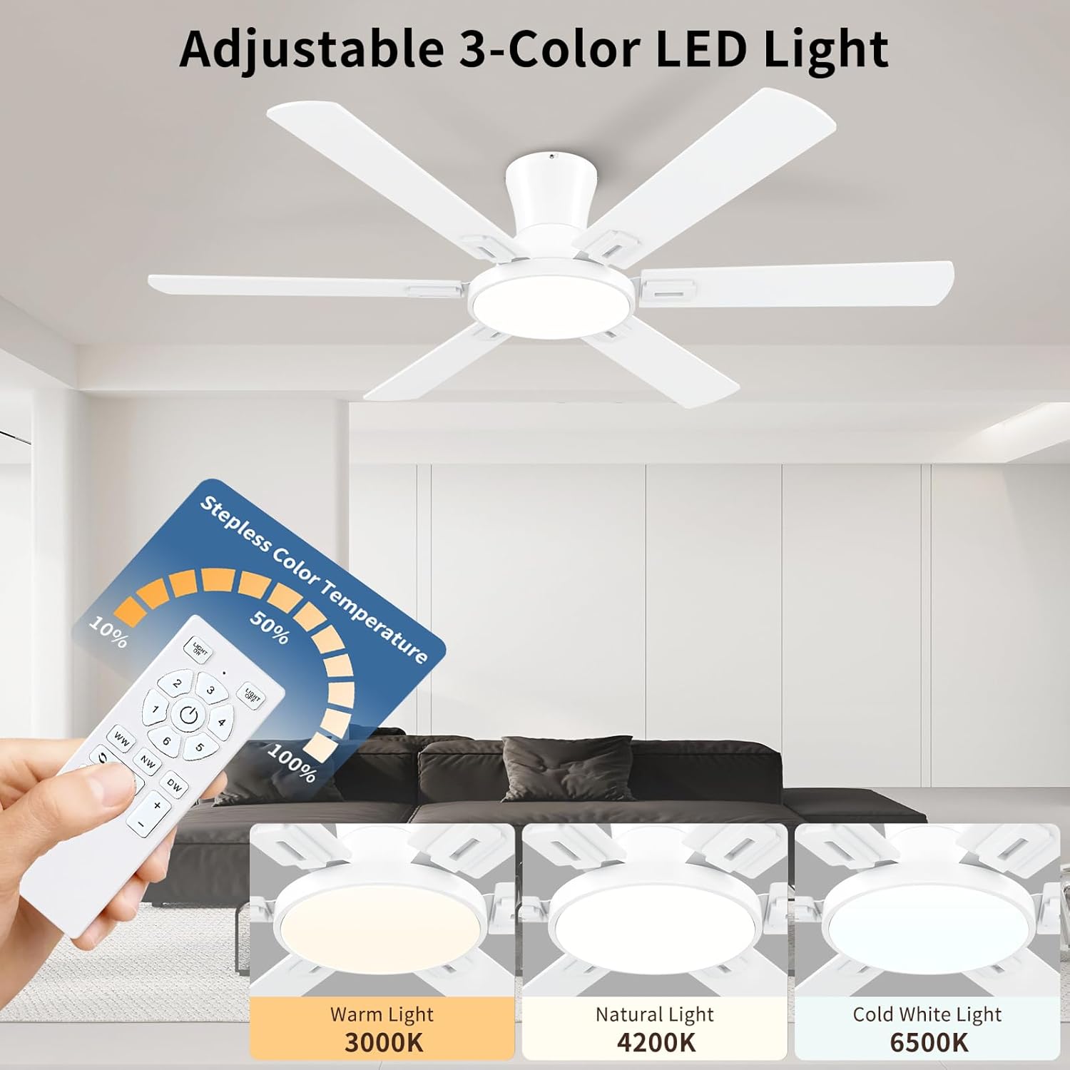 52 Inch White Ceiling Fans with Lights and Remote,Flush Mount Low Profile 6 Blades Ceiling Fan with 10 Inch Lighting Fixture,Quiet Reversible DC Motor for Living Room,Bedroom and Patio