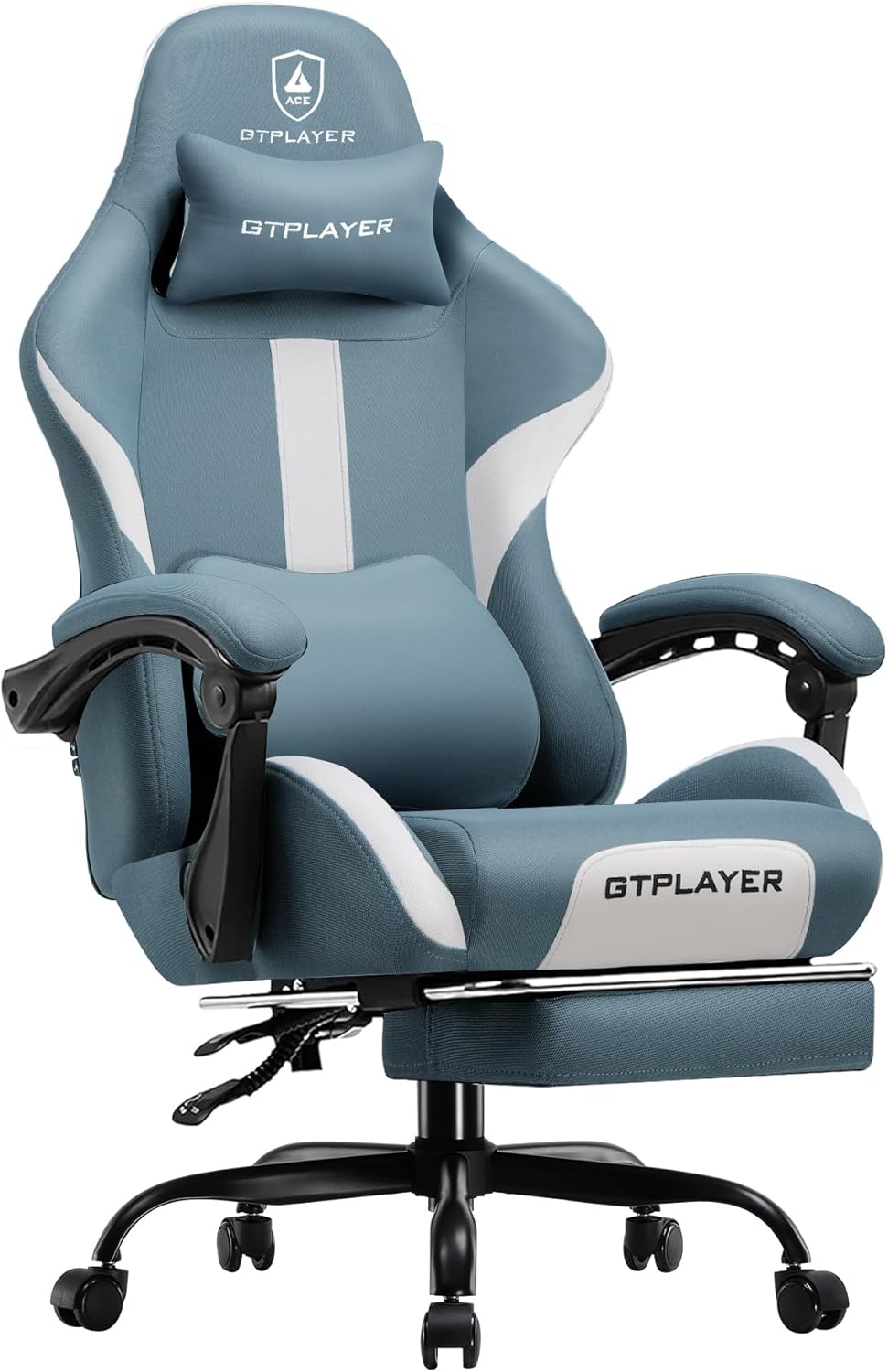 GTPLAYER Gaming Chair Ergonomic Office Chair with Foot Rest & Pocket Spring Cushion, High Back Computer Desk Chair with Headrest & Lumbar Support, Breathable Fabric Game Chair for Adults, Blue