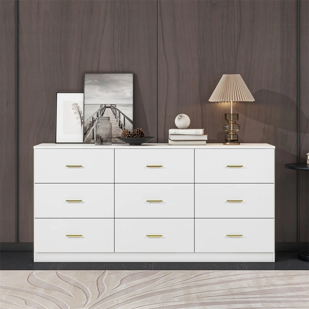 Modern 9-Drawer Horizontal Dresser, Storage Wide Chest of Drawers for Bedroom