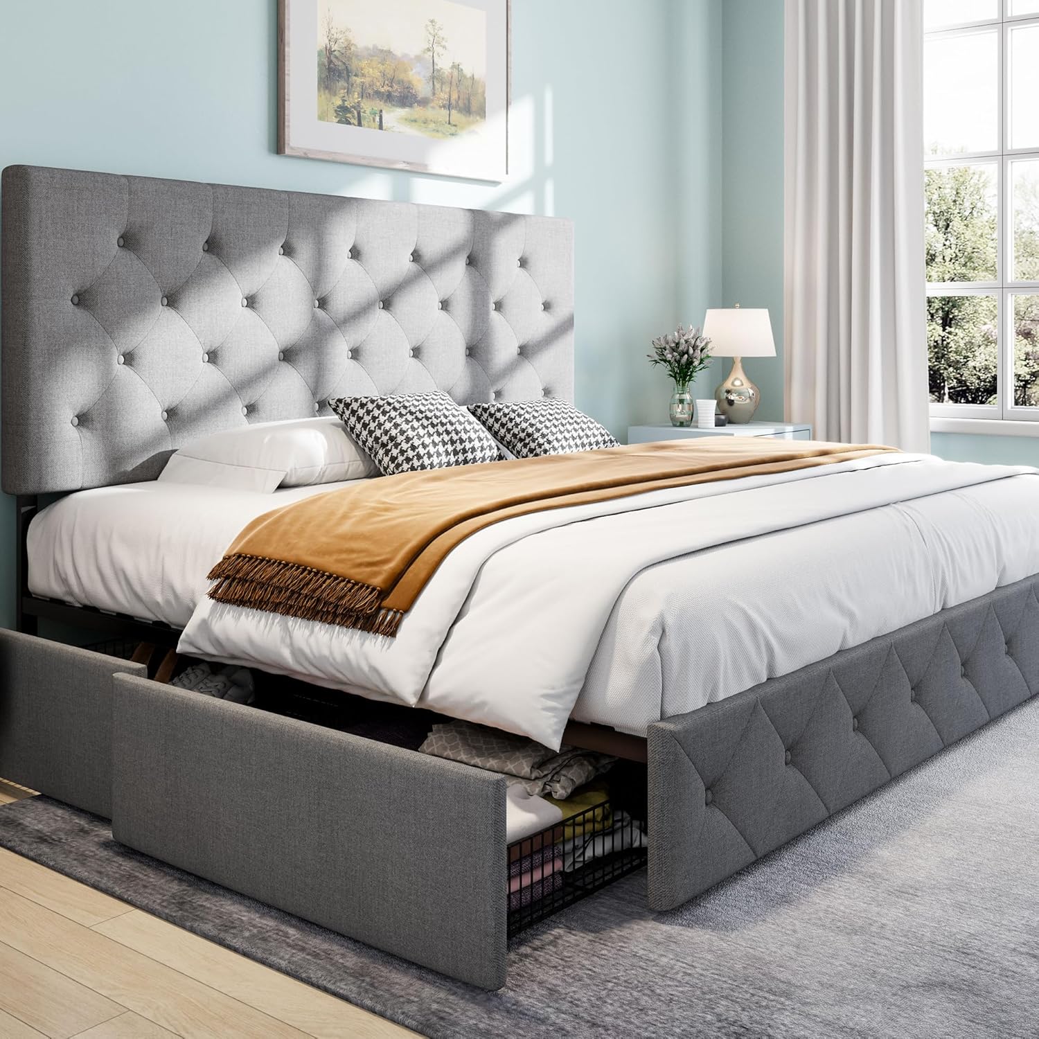SHA CERLIN Upholstered King Size Platform Bed Frame with 4 Storage Drawers, Adjustable Headboard with Diamond Stitched Button Tufted Design, Wooden Slat Support, No Box Spring Needed, Light Grey