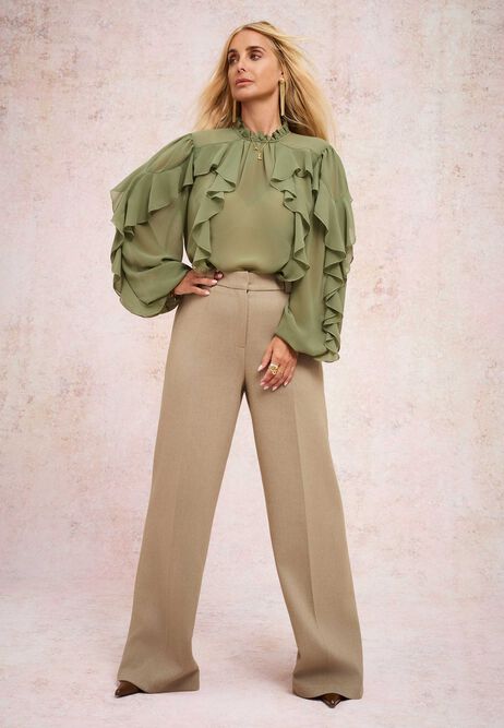 Womens Taupe Textured Wide Leg Trousers