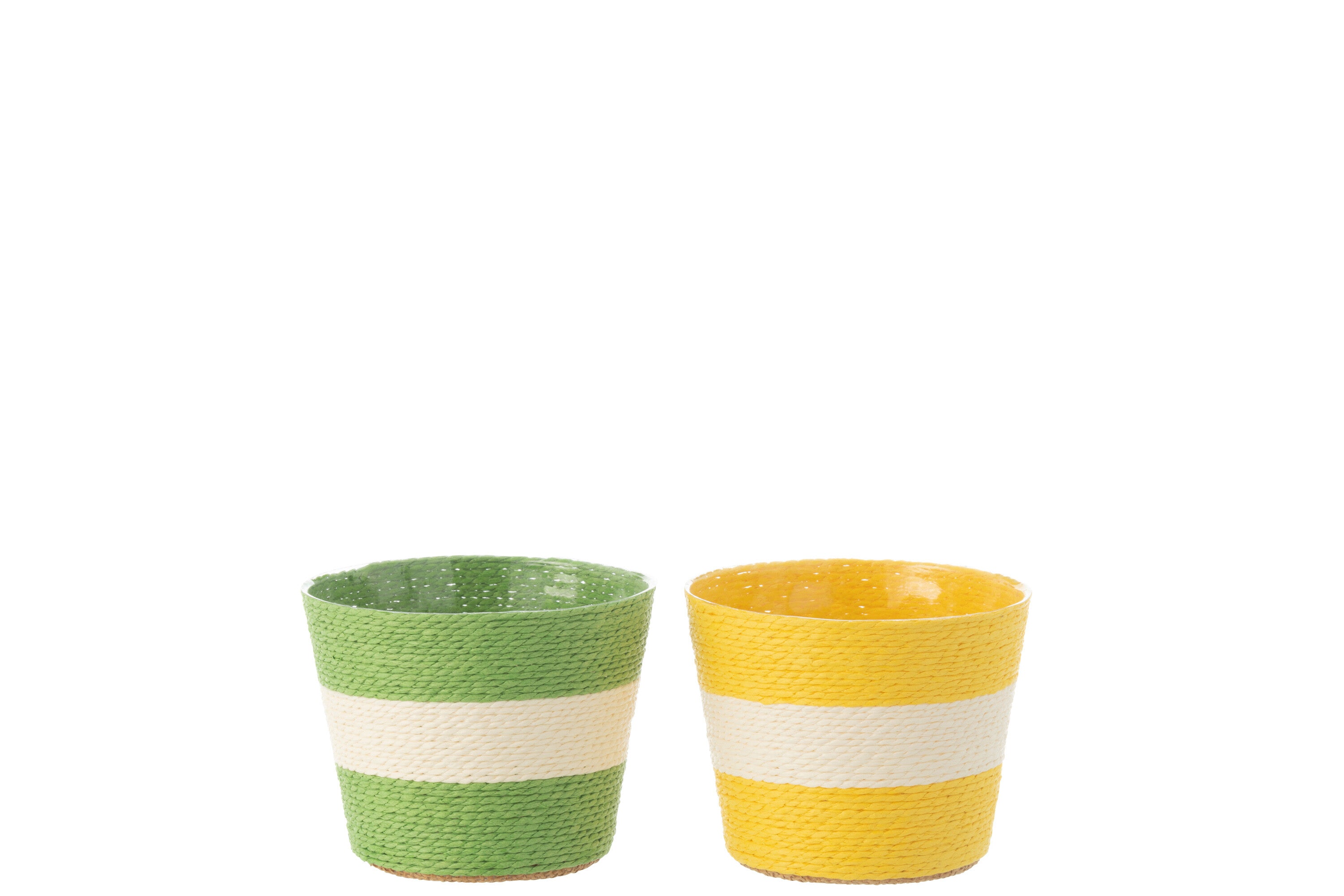 J-Line bloempot Touwtjes Streep - papier - geel/groen - small - 2 st. - Ø 13.5 cm