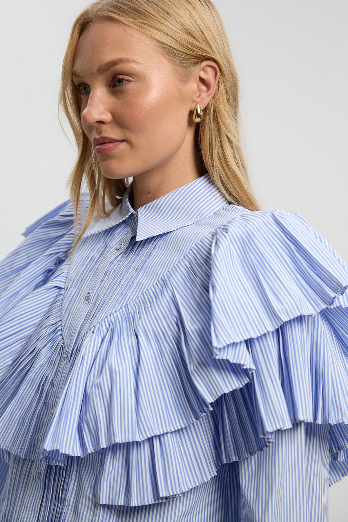 KarenMillen Cotton Poplin Stripe Ruffle Detail Long Sleeve Woven Collared Shirt