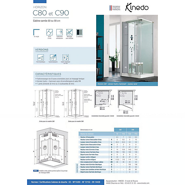Cabine de douche hydromassante et hammam KINEDO HORIZON 90x90 hauteur receveur 17,5cm 1 porte pivotante finition acier