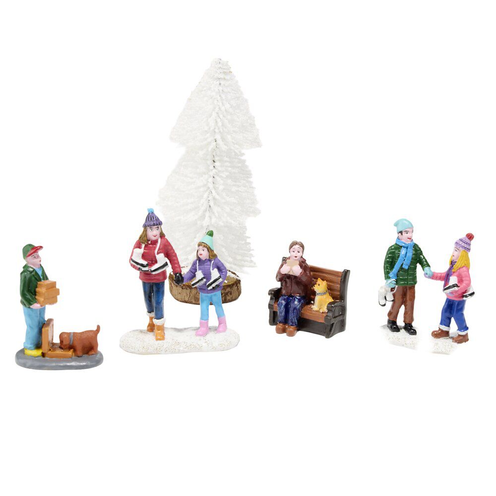 Décor village de No&euml;l x3 figurines et sapin