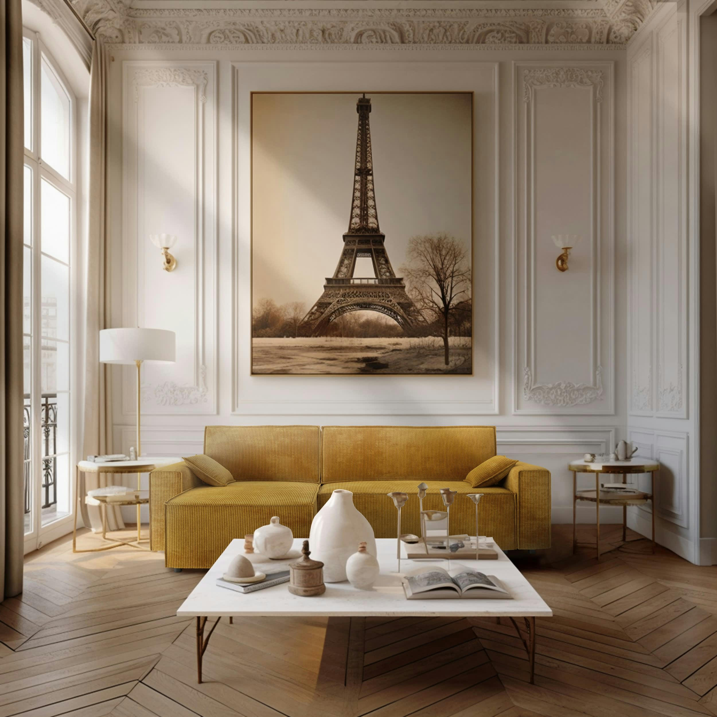 DURIF - Canapé d'angle convertible 4 places en velours côtelé jaune moutarde