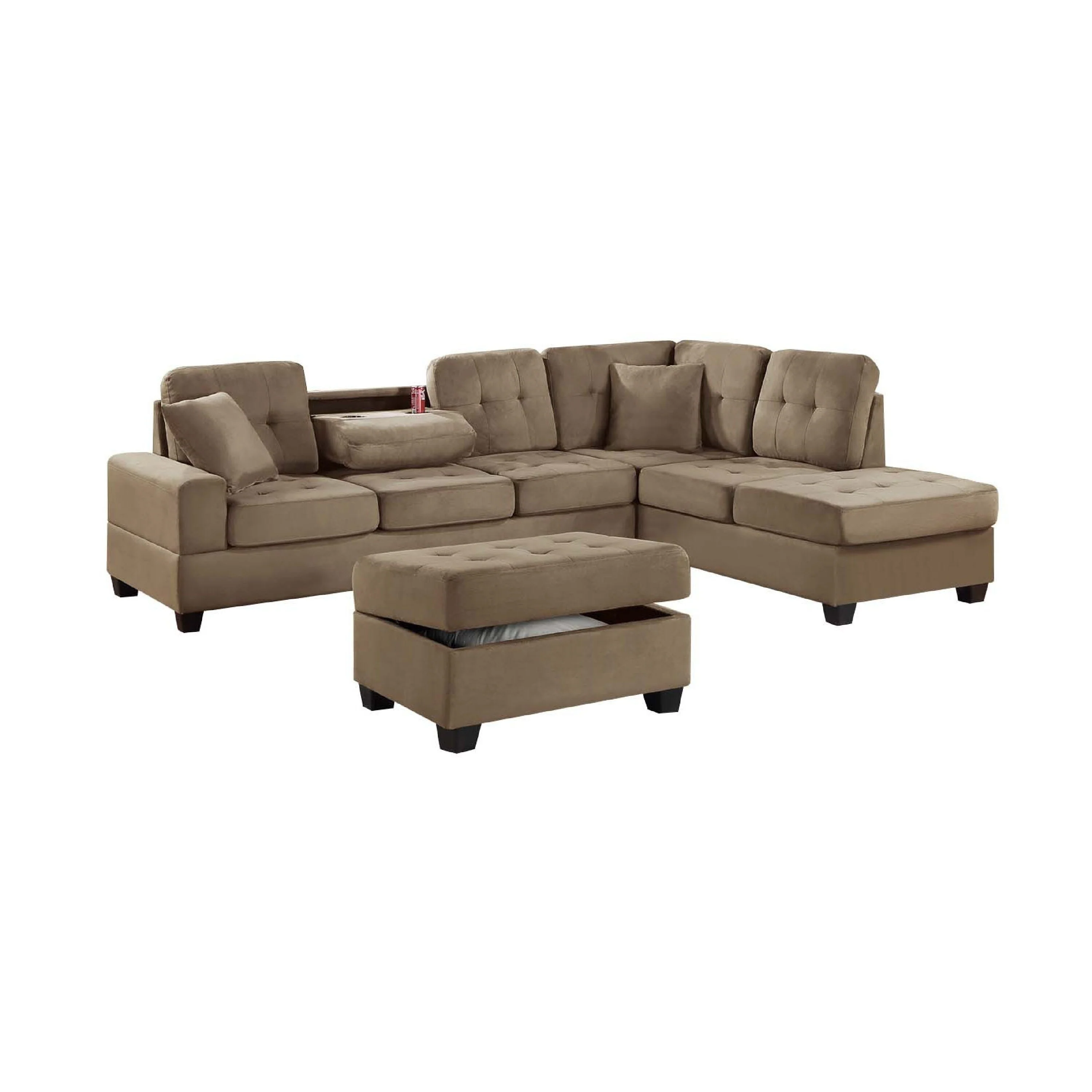 Aea 3pc Sectional Sofa, Chaise, Ottoman Set, 2 Pillows, Saddle Brown