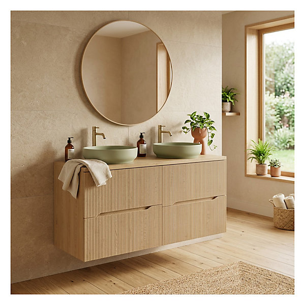 Ensemble de salle de bain suspendu NATURA 120cm : meubles sous vasque 60cm aspect bois clair rainuré verticalement