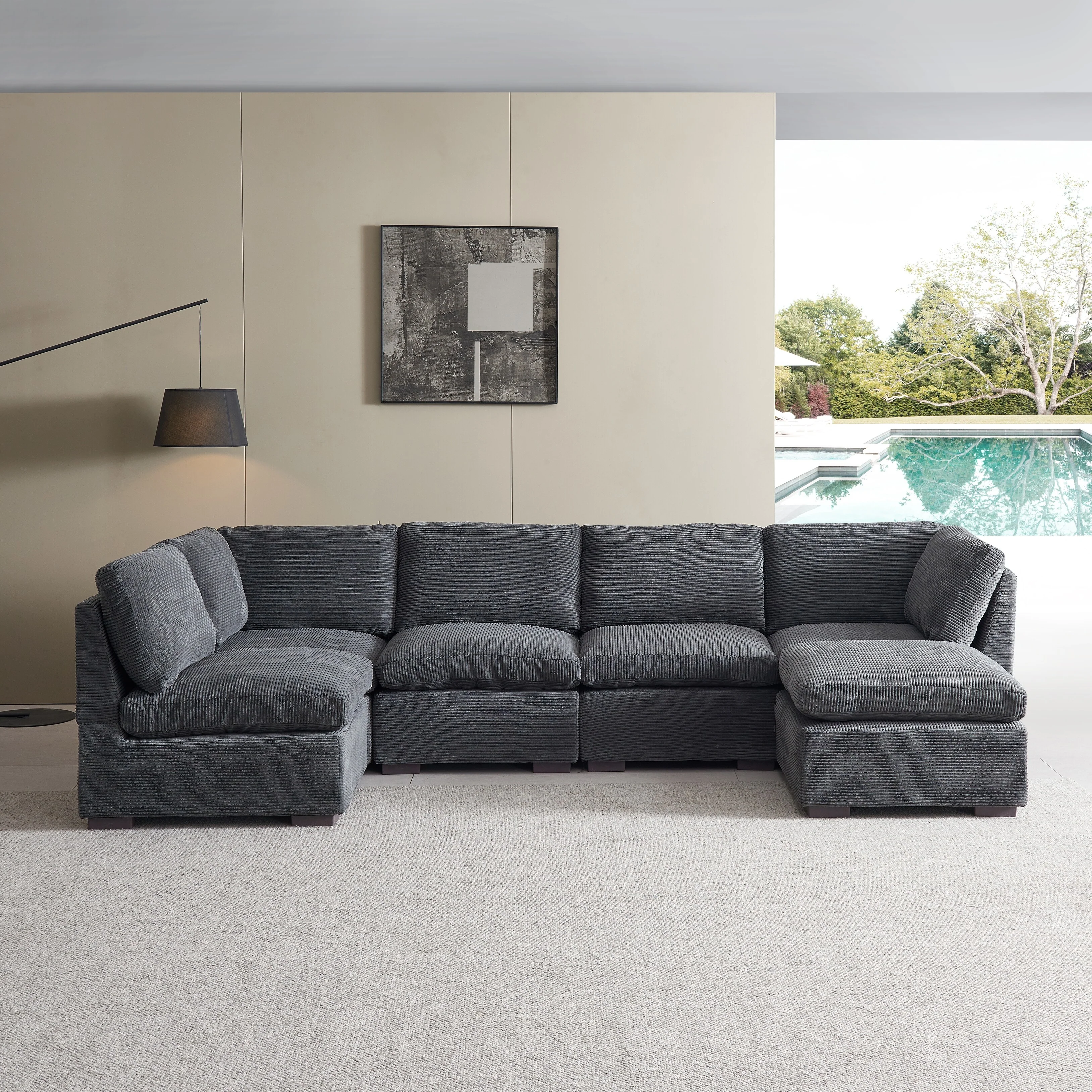 129'' Premium 6-Seat Modular Sofa Couch with Convertible Chaise and Luxurious Corduroy Upholstery