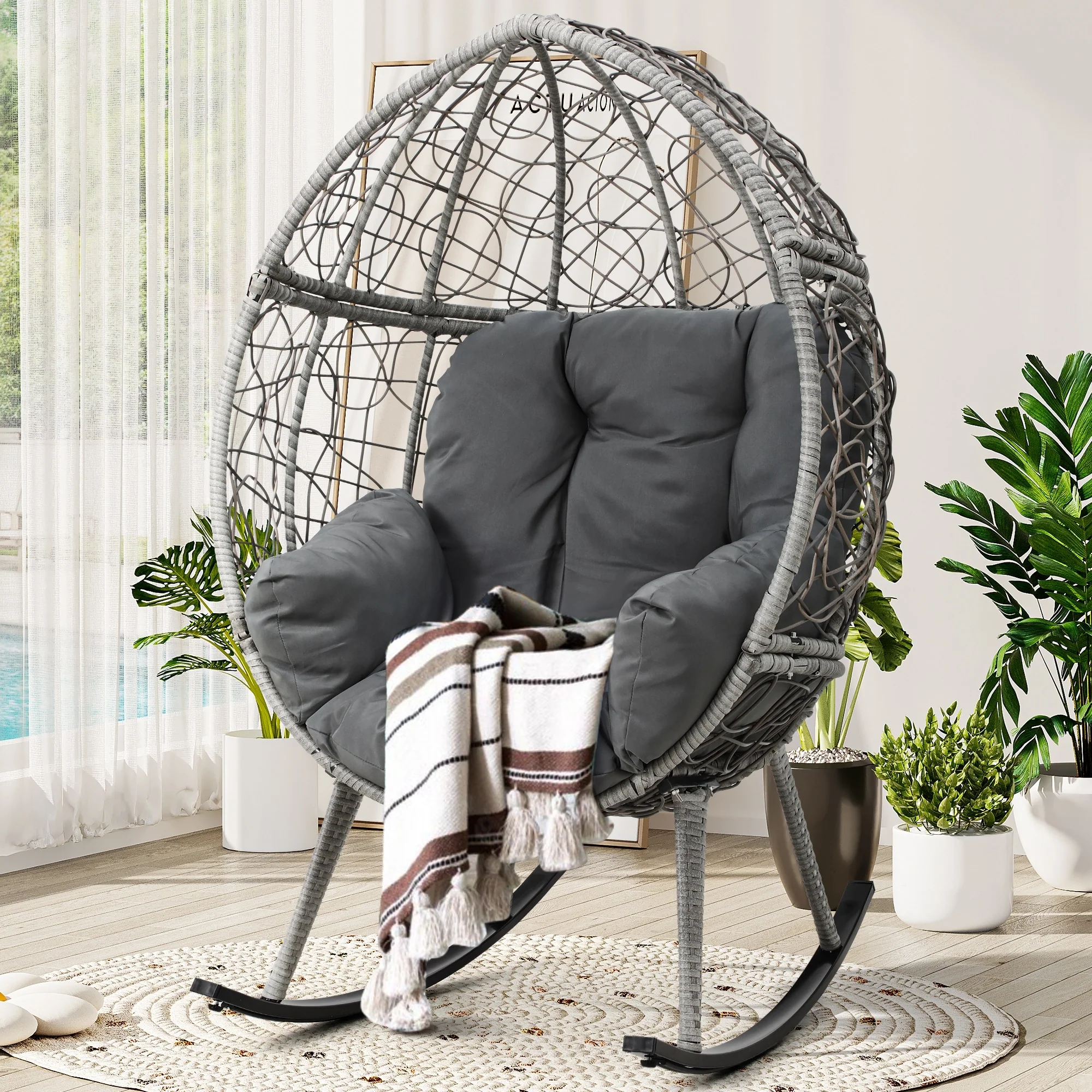 Moasis 38W Wicker Rocking Egg Chair with Cushion