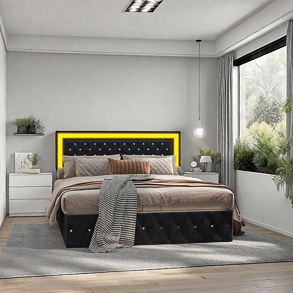 Lit élégant rembourré 160x200 cm avec grande tête de lit relevable, velours noir, LED et rangement hydraulique classique