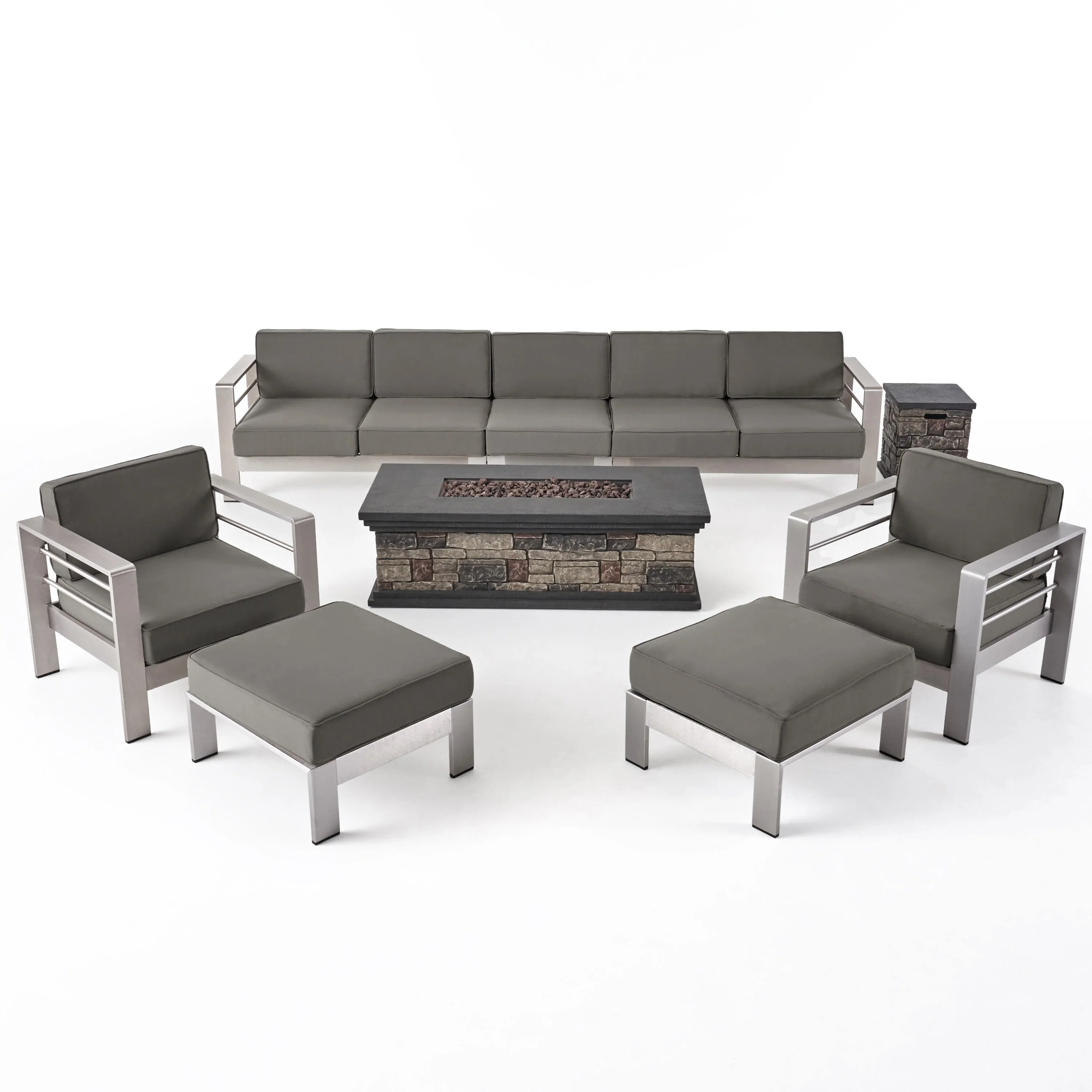 Cape Coral Outdoor 7 Seater Extended Aluminum Chat Set with Fire Pit by Christopher Knight Home