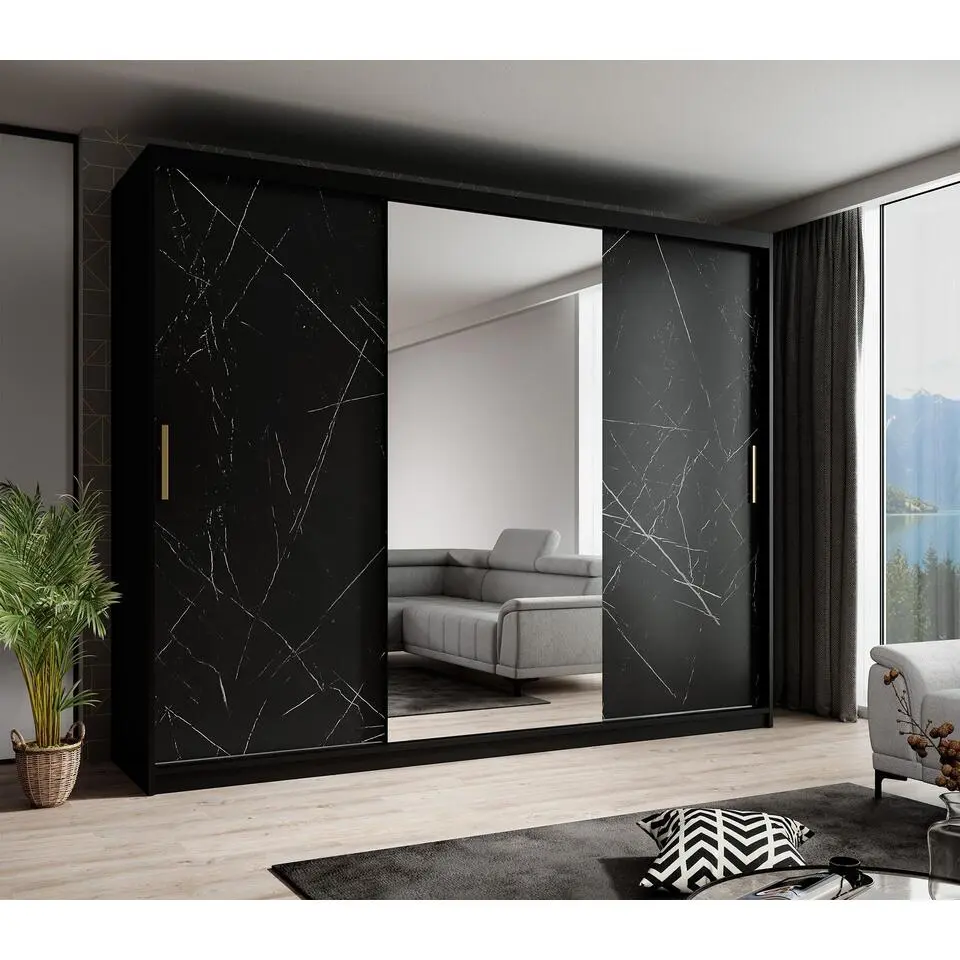 Meubella - Kledingkast Marmer 2 - Zwart - 250 cm - Met spiegel