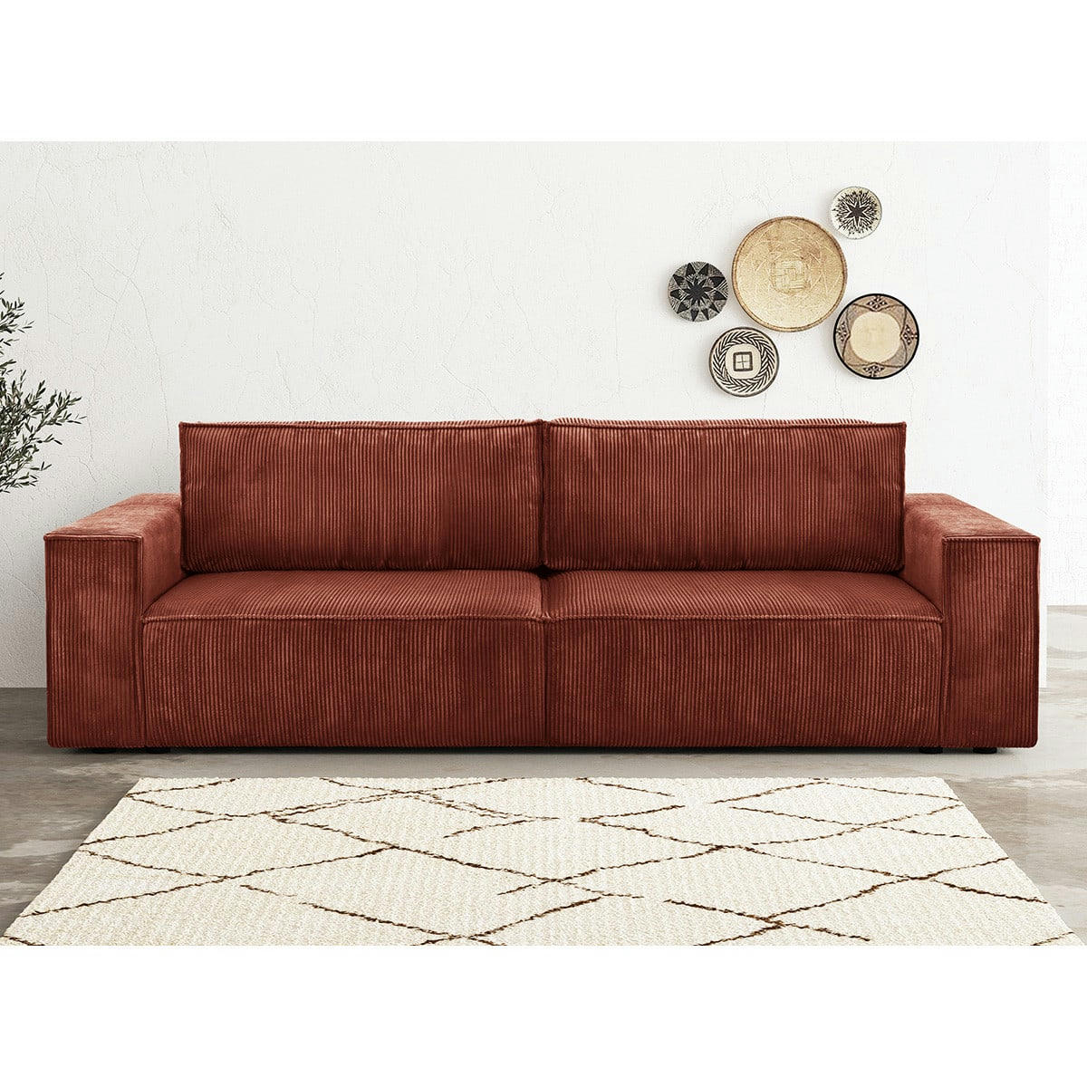 HARPER - Canapé convertible 3 Places en velours côtelé rouille
